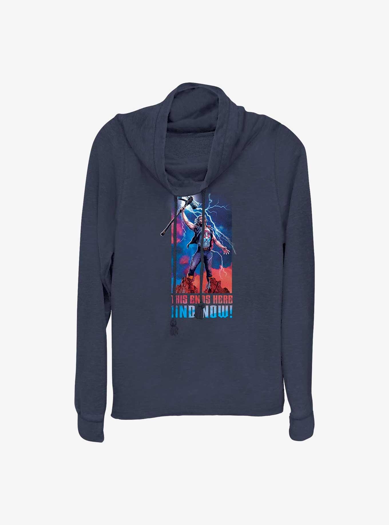Marvel Thor: Love and Thunder Ends Here and Now Cowl Neck Long-Sleeve Top, NAVY, hi-res