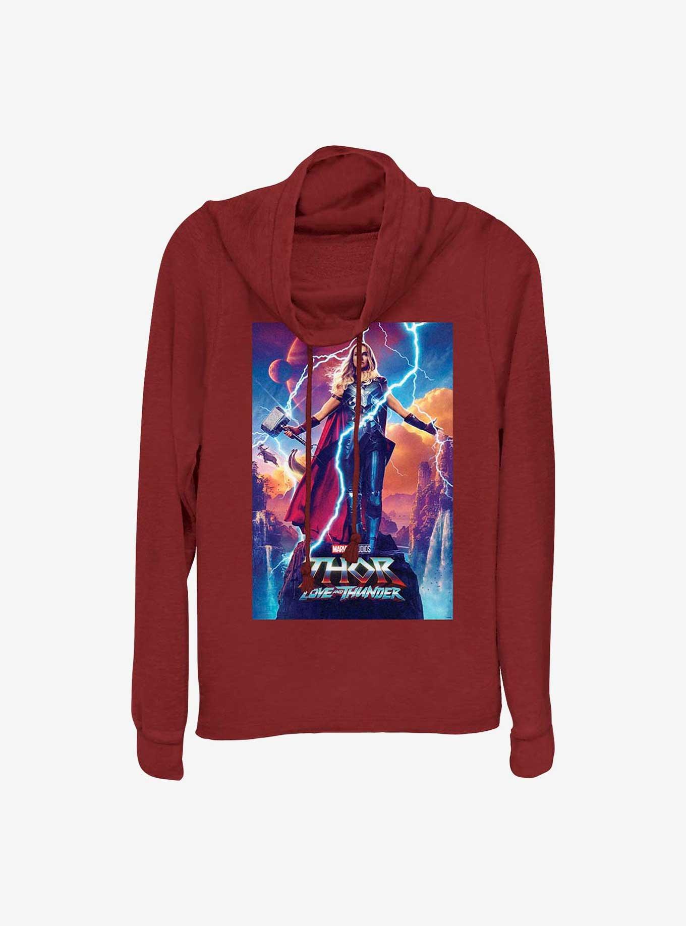 Marvel Thor: Love and Thunder Mighty Thor Movie Poster Cowl Neck Long-Sleeve Top, SCARLET, hi-res