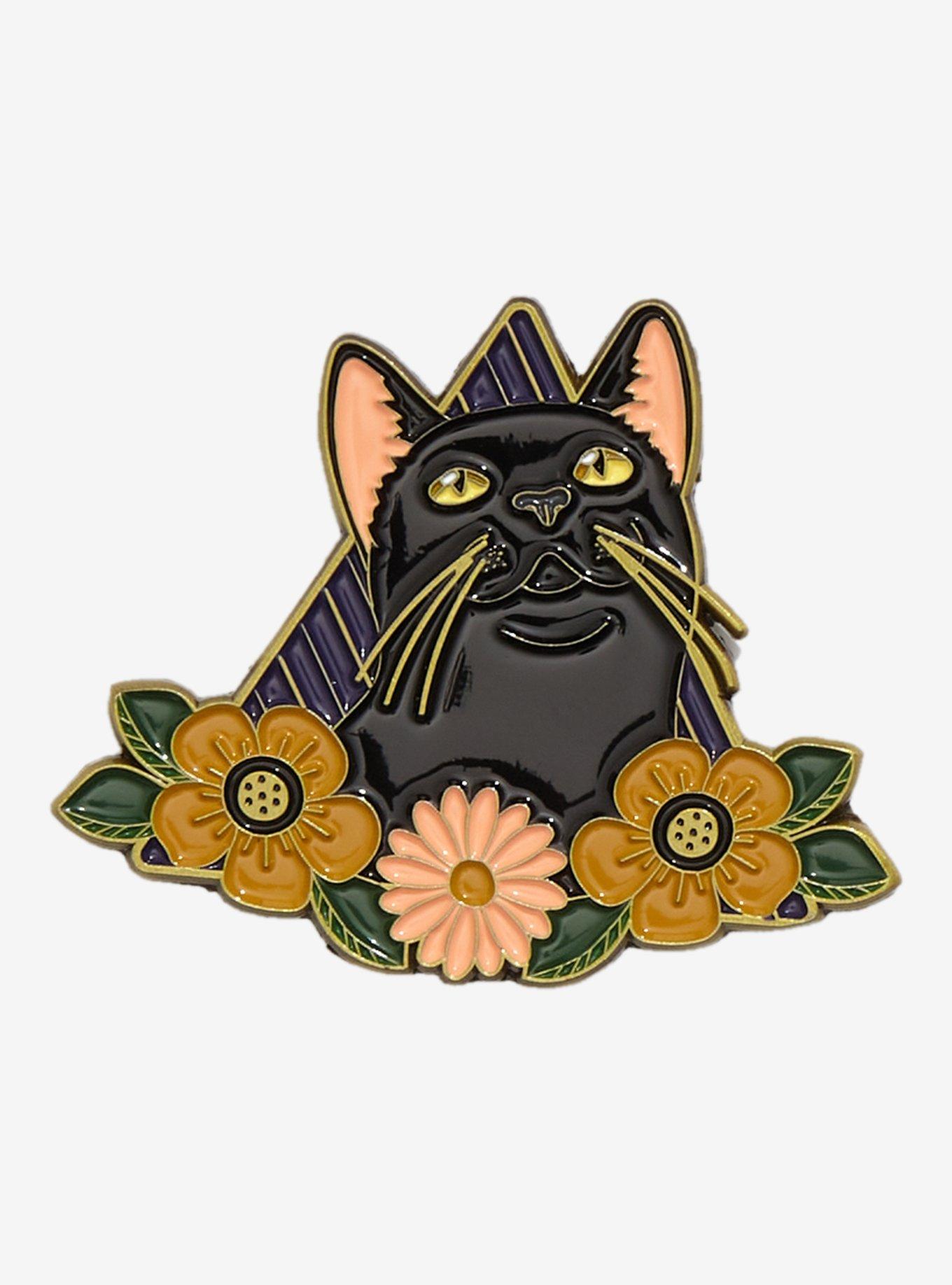Plus Size Black Cat Floral Triangle Enamel Pin, , hi-res