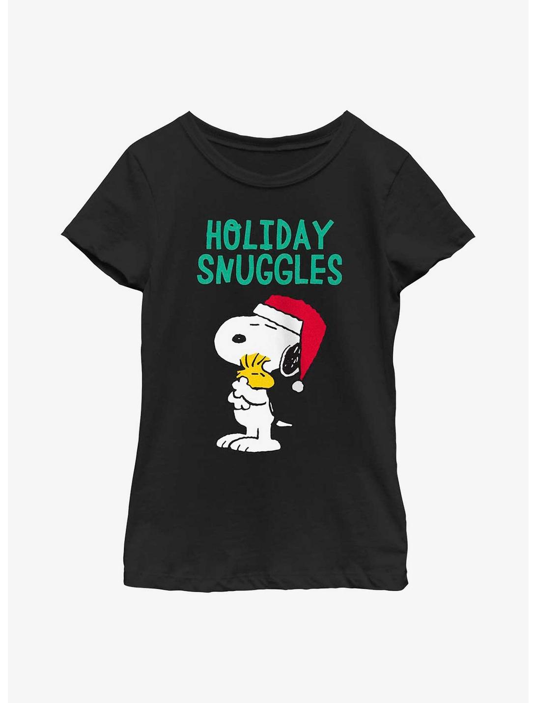 Peanuts Snoopy and Woodstock Holiday Snuggles Youth Girls T-Shirt, BLACK, hi-res