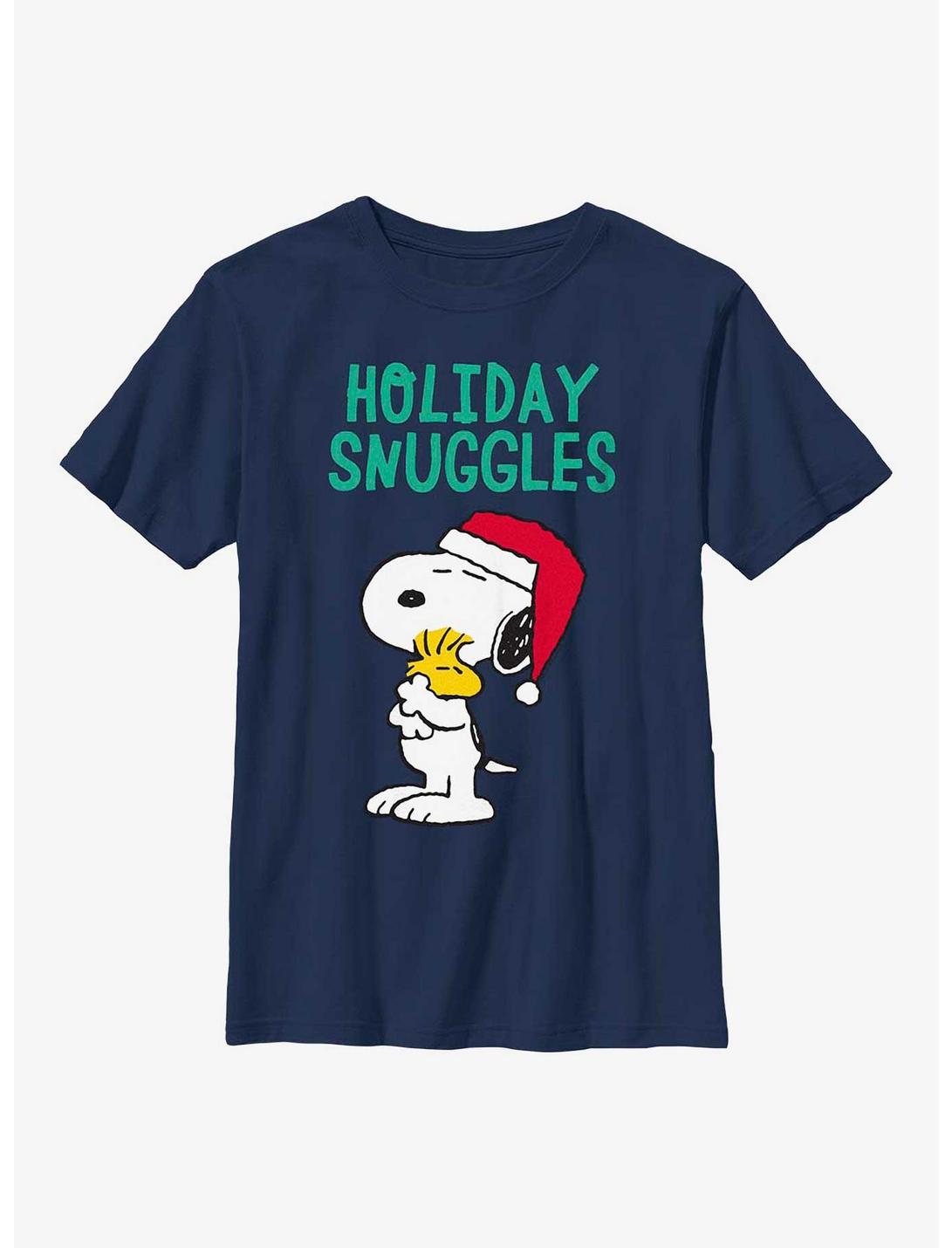 Peanuts Snoopy and Woodstock Holiday Snuggles Youth T-Shirt, NAVY, hi-res