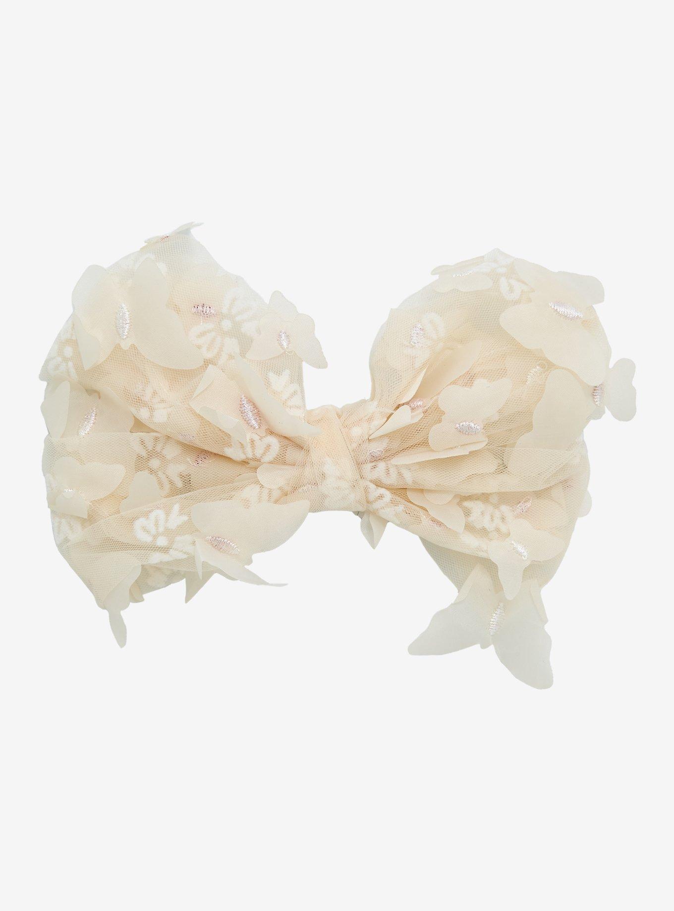 White Butterfly Mesh Hair Bow, , hi-res