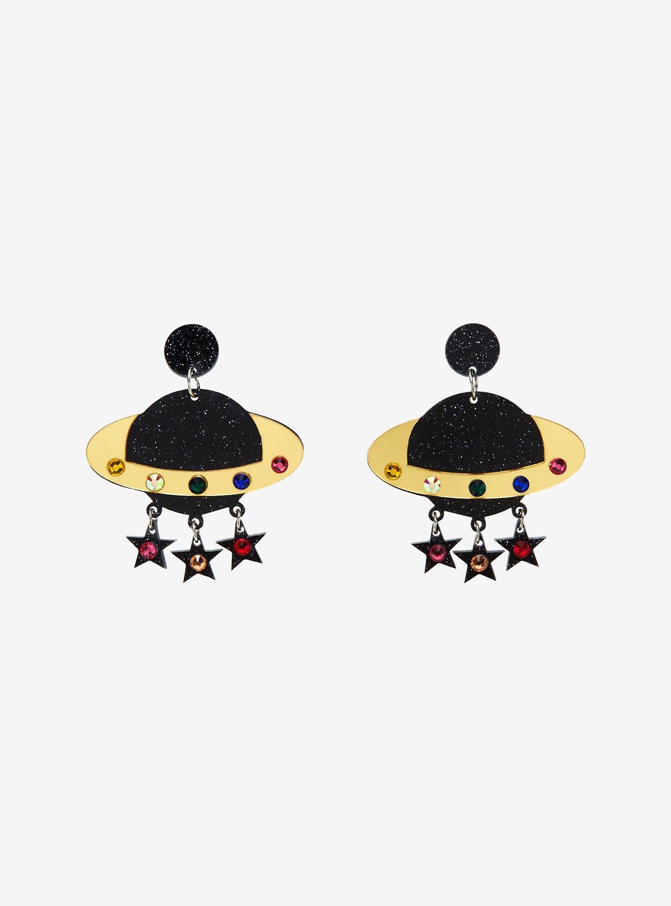 Black Glitter Planet Star Drop Earrings, , hi-res