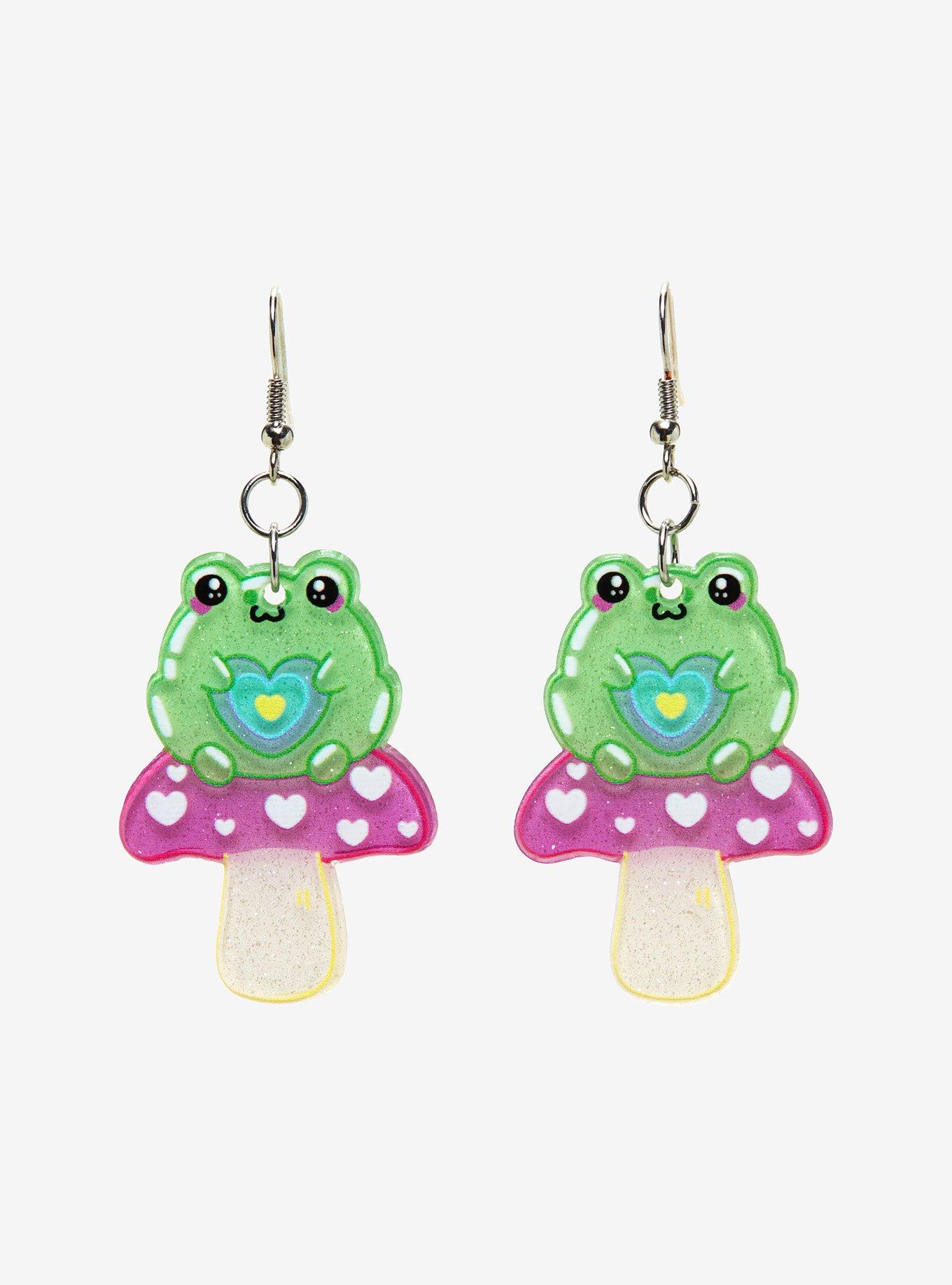 Kawaii Frog Mushroom Drop Earrings, , hi-res
