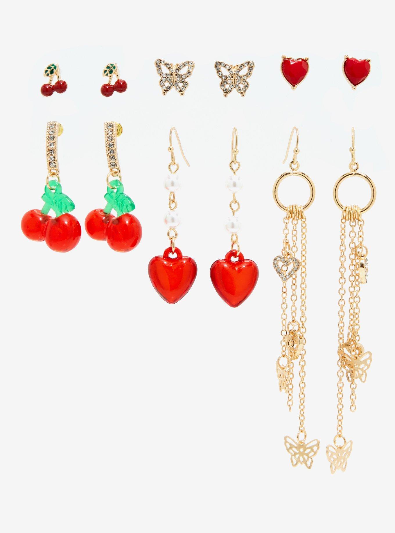 Cherry Heart Earring Set Hot Topic