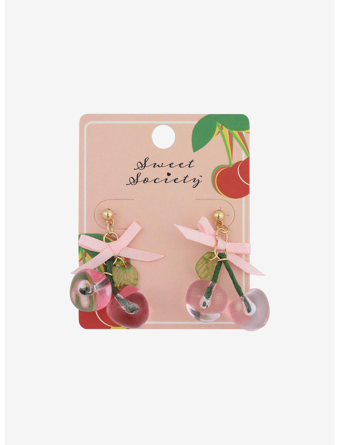 Sweet Society Pink Cherry Bow Earrings, , hi-res