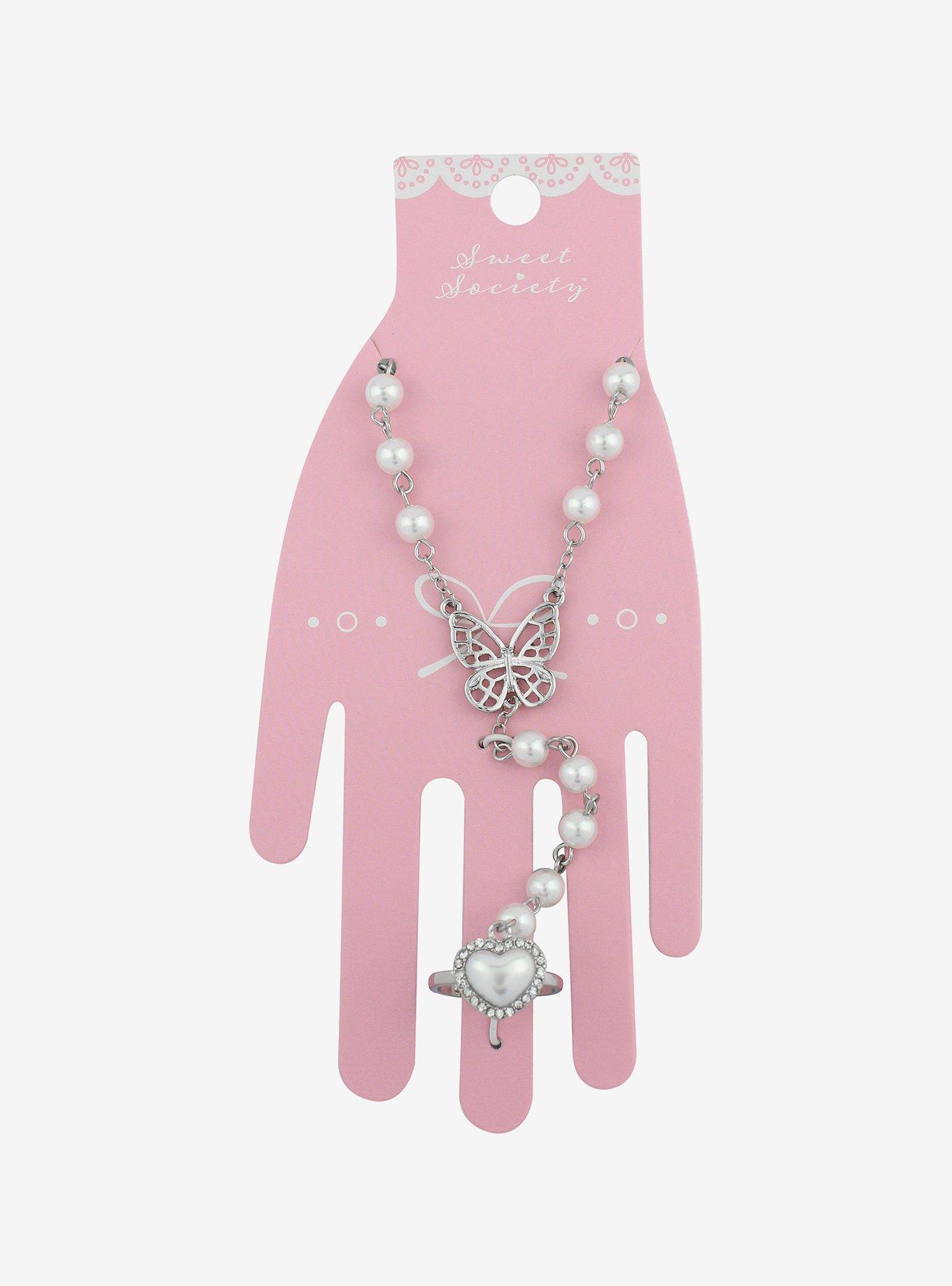Sweet Society Butterfly Pearl Hand Ring Bracelet, , hi-res