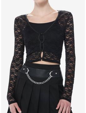 Black Lace Button-Front Girls Long-Sleeve Top, , hi-res