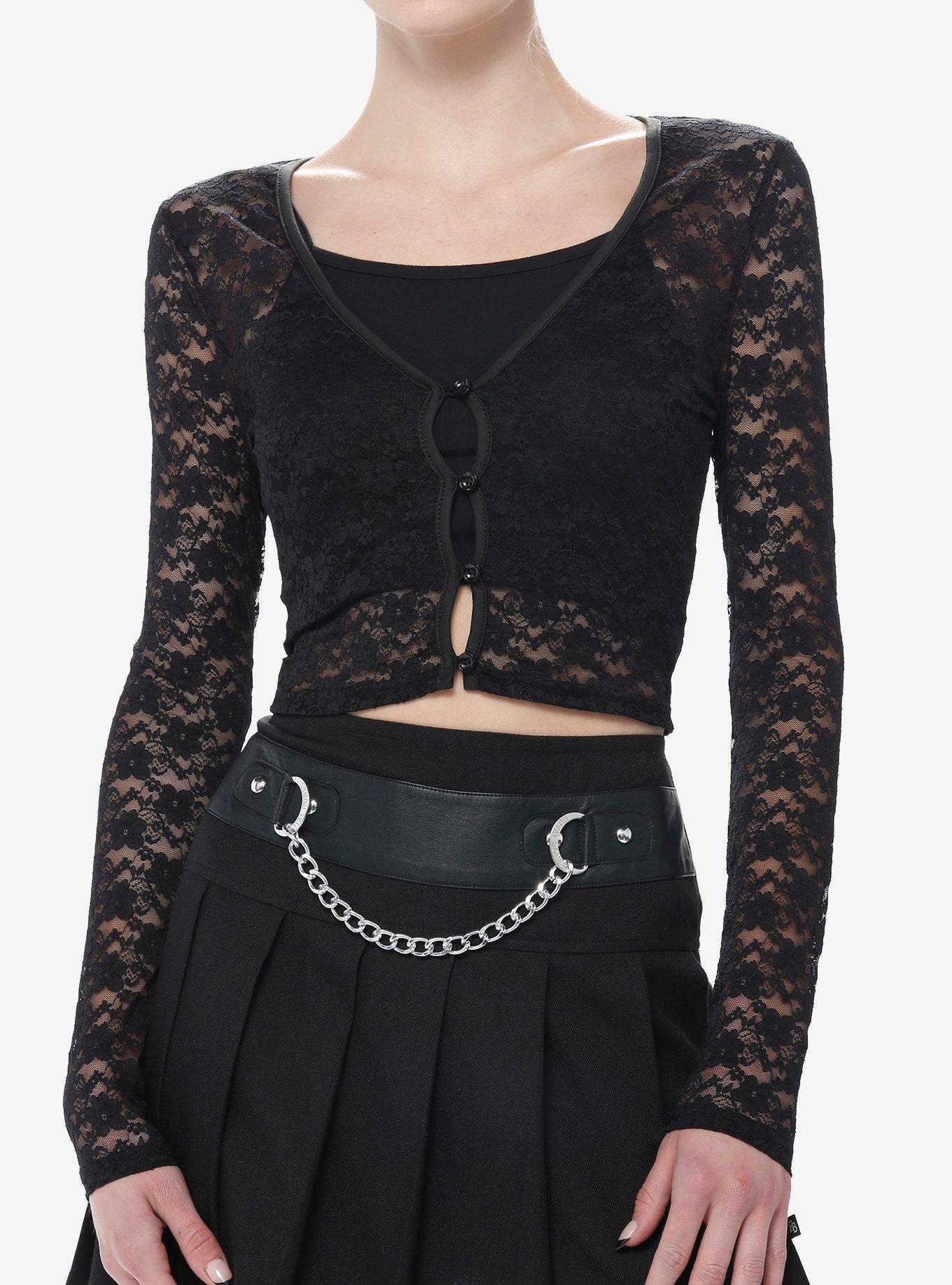 Black Lace Button-Front Girls Long-Sleeve Top, BLACK, hi-res