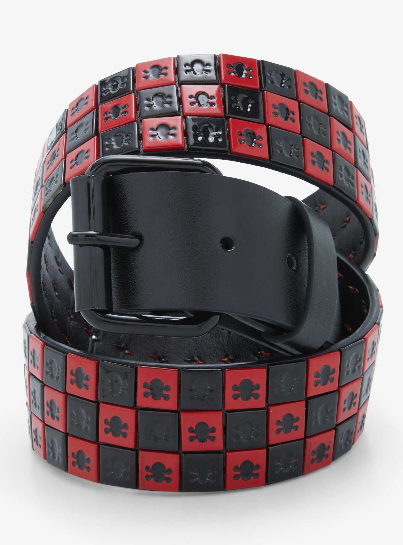 Black & Red Checkered Skull Belt, , hi-res