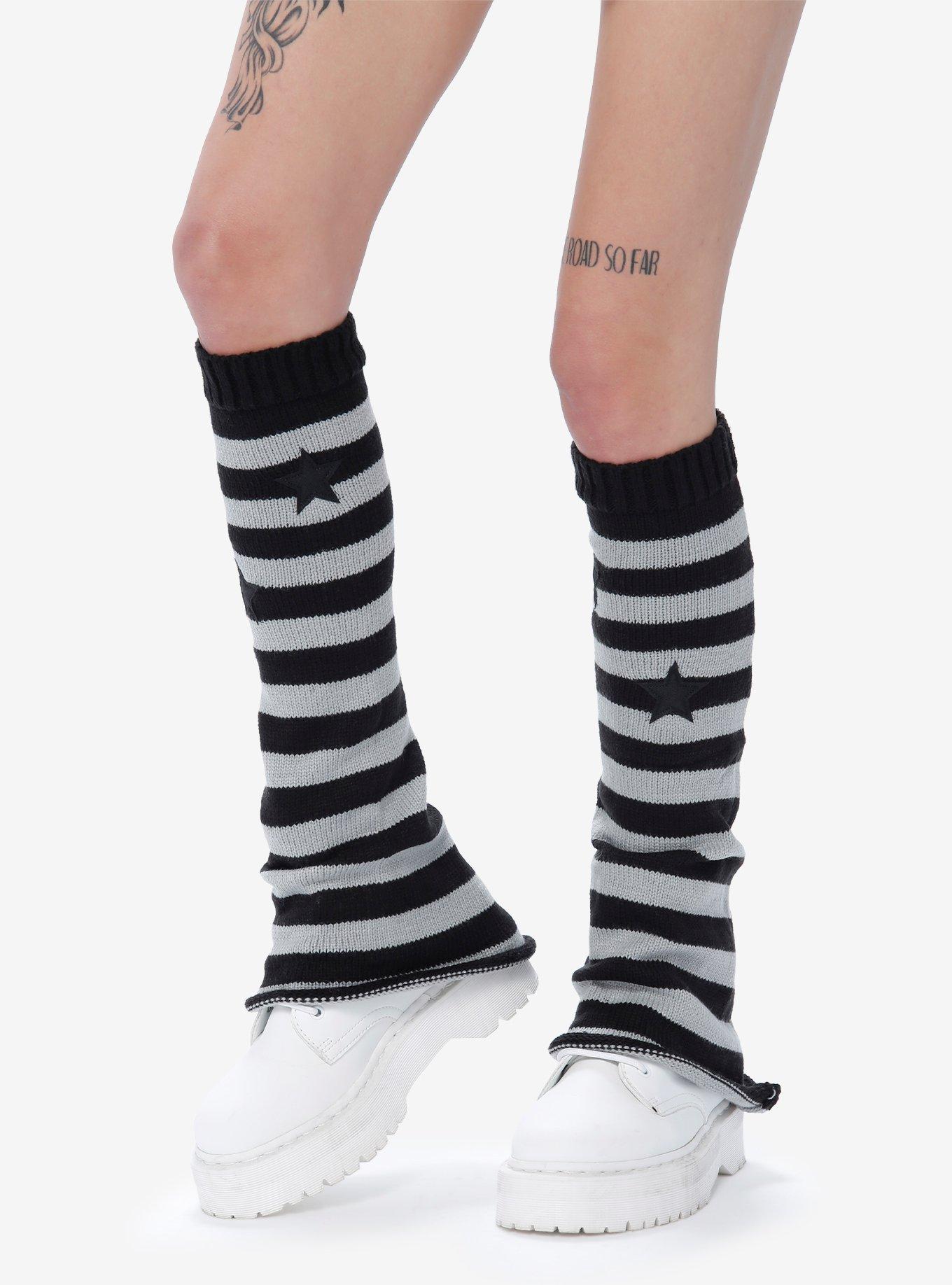 Grey & Black Stripe Star Flared Leg Warmers, , hi-res