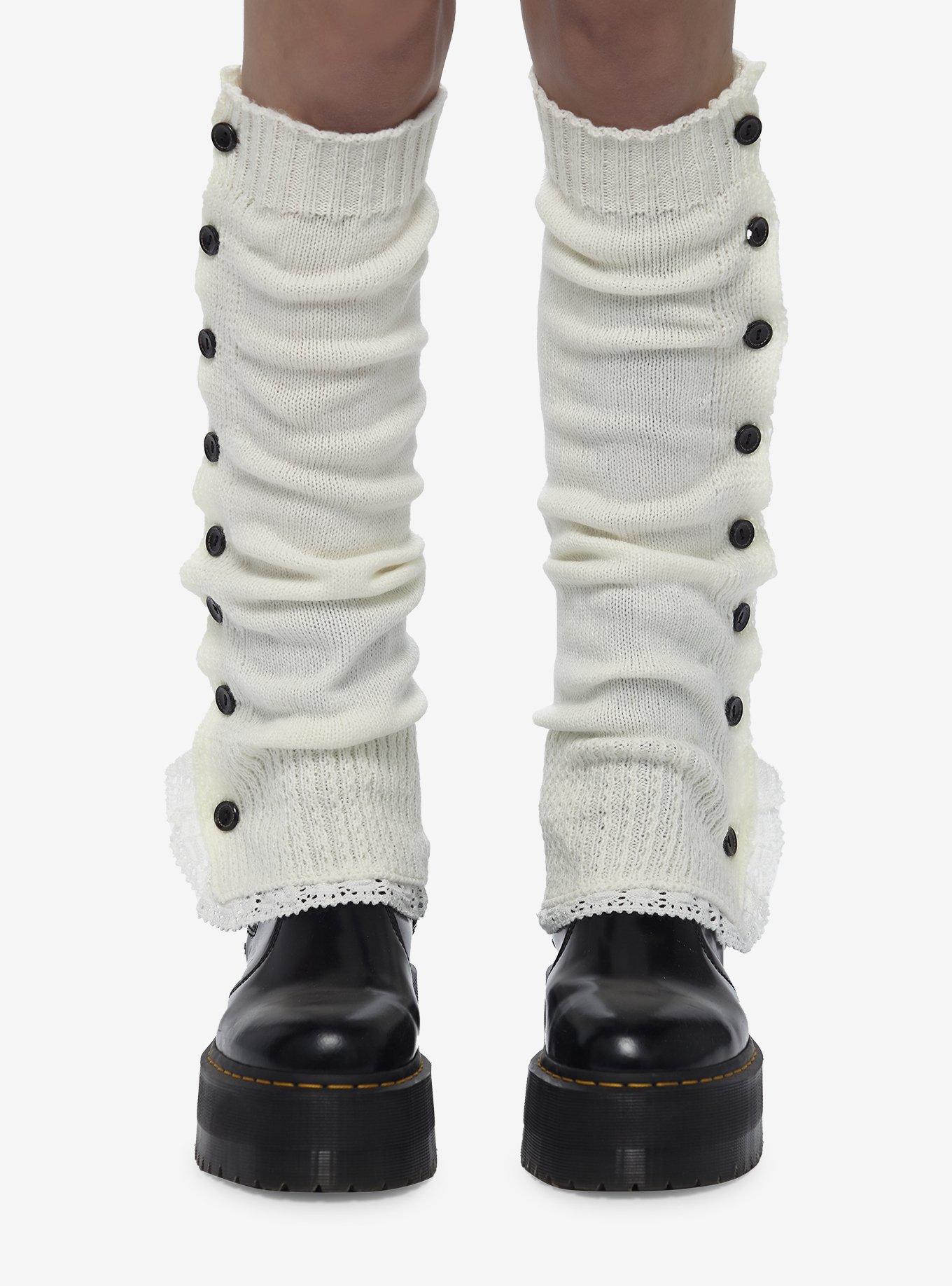 Button Embellished Cable Knit Leg Warmer - White / ONE SIZE - AnotherC