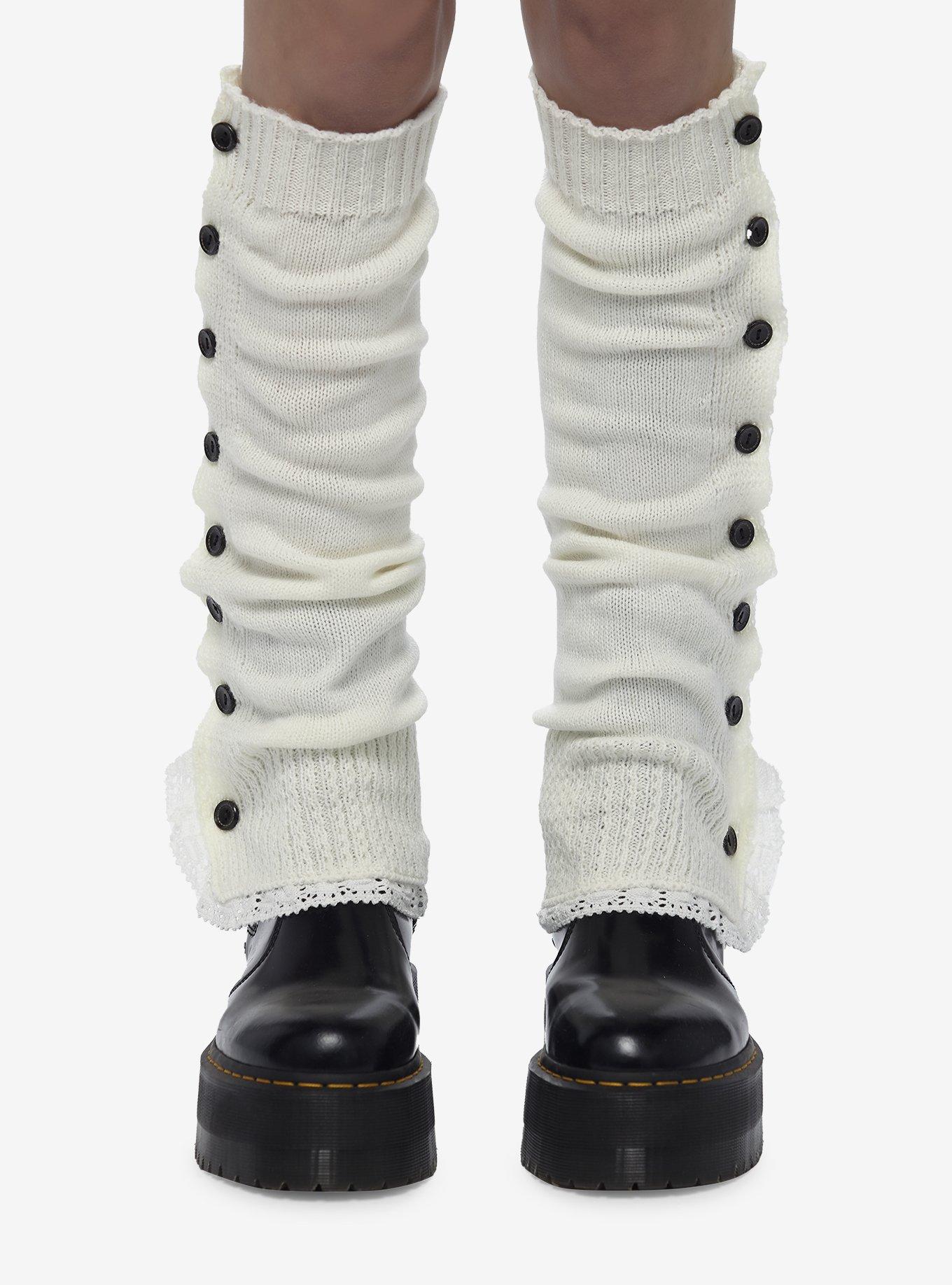 White Button Lace Leg Warmers, , hi-res