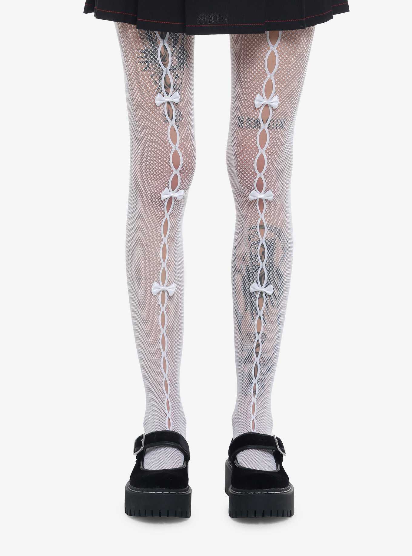 White Bow Cutout Fishnet Tights, , hi-res