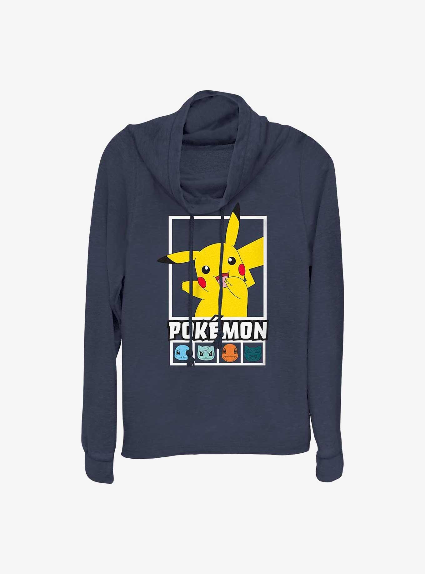 Pokemon Battle Lineup Pikachu, Squirtle, Bulbasaur, Charmander, & Snorlax Cowl Neck Long-Sleeve Top, NAVY, hi-res