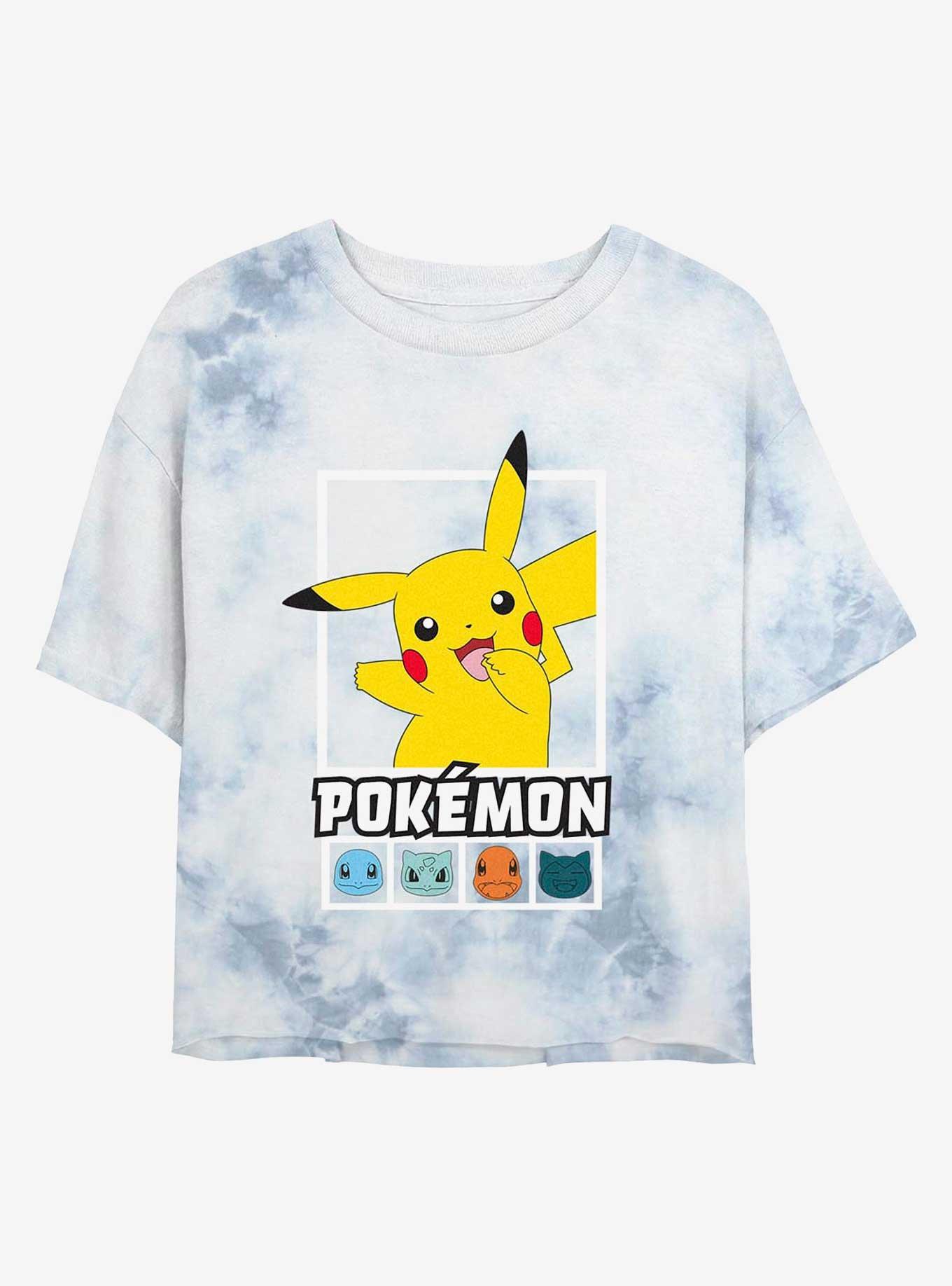 Pokemon Battle Lineup Pikachu, Squirtle, Bulbasaur, Charmander, & Snorlax Tie-Dye Girls Crop T-Shirt, WHITEBLUE, hi-res