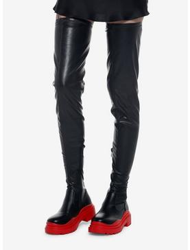 Azalea Wang Naomi Black & Red Stretch Knee High Boots, , hi-res