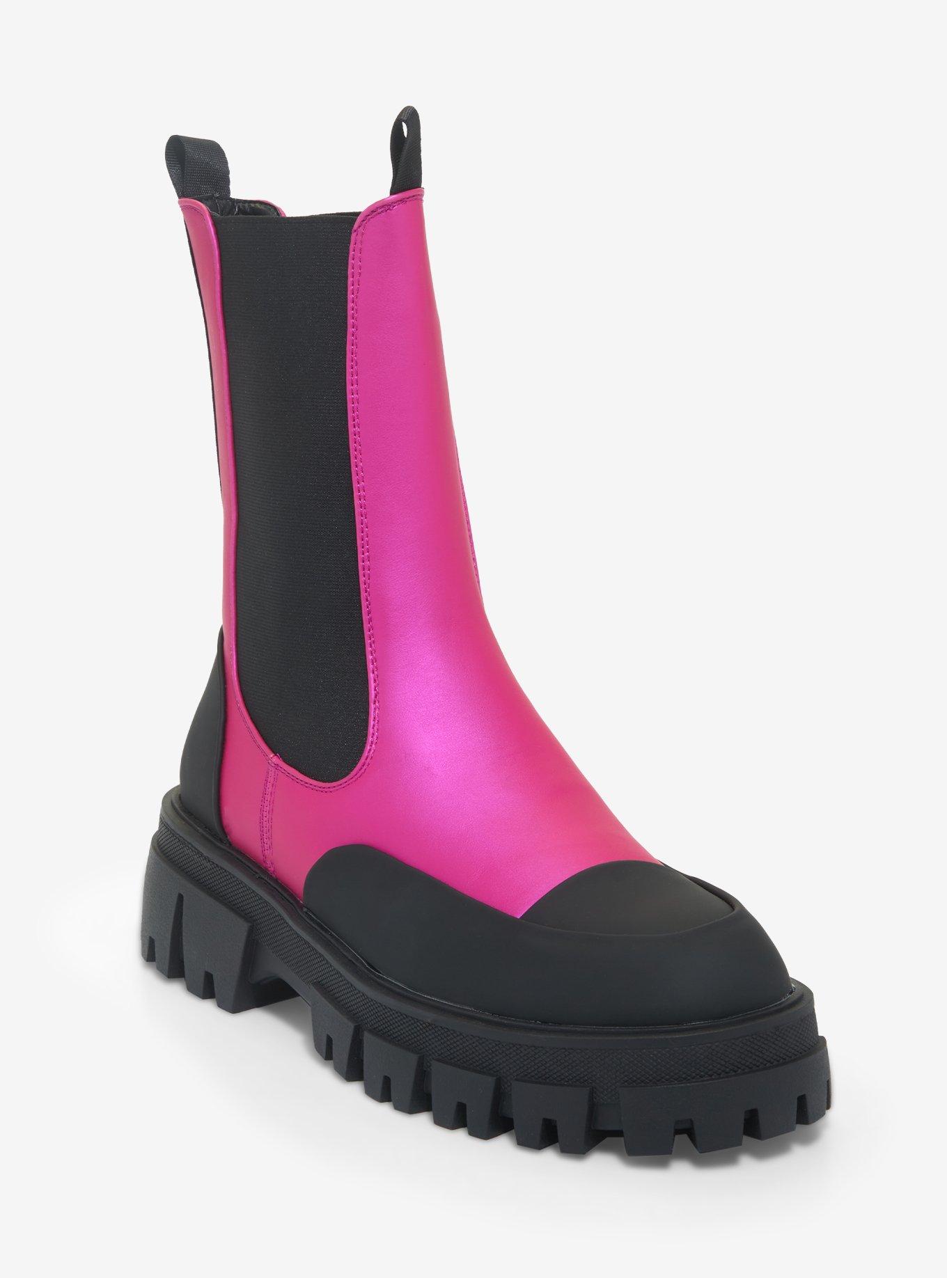 Azalea Wang Black & Pink Slip-On Combat Boots, PINK, hi-res