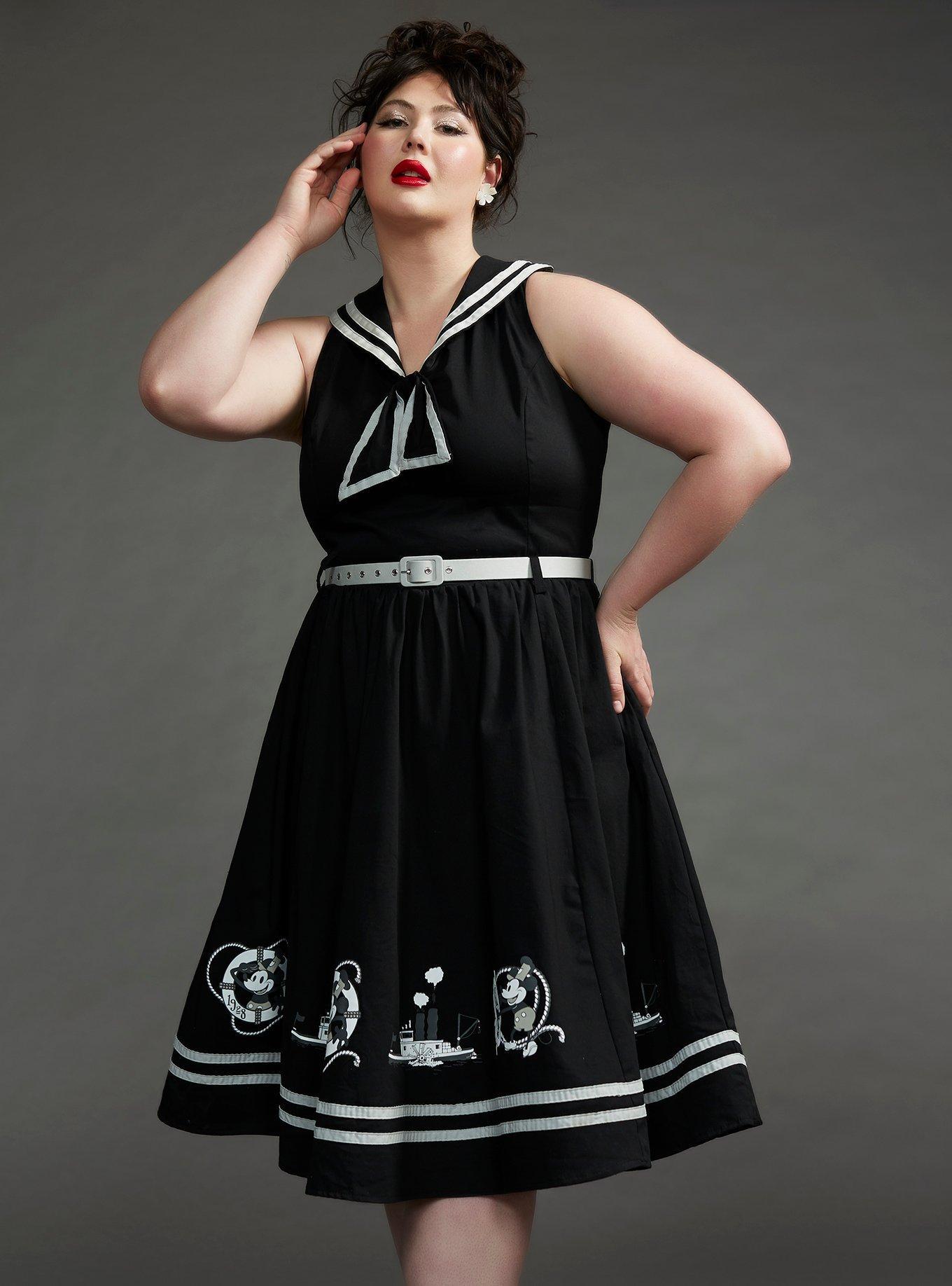 Her Universe Disney Steamboat Willie Sailor Dress Plus Size Her Universe Exclusive, BLACK  WHITE, hi-res