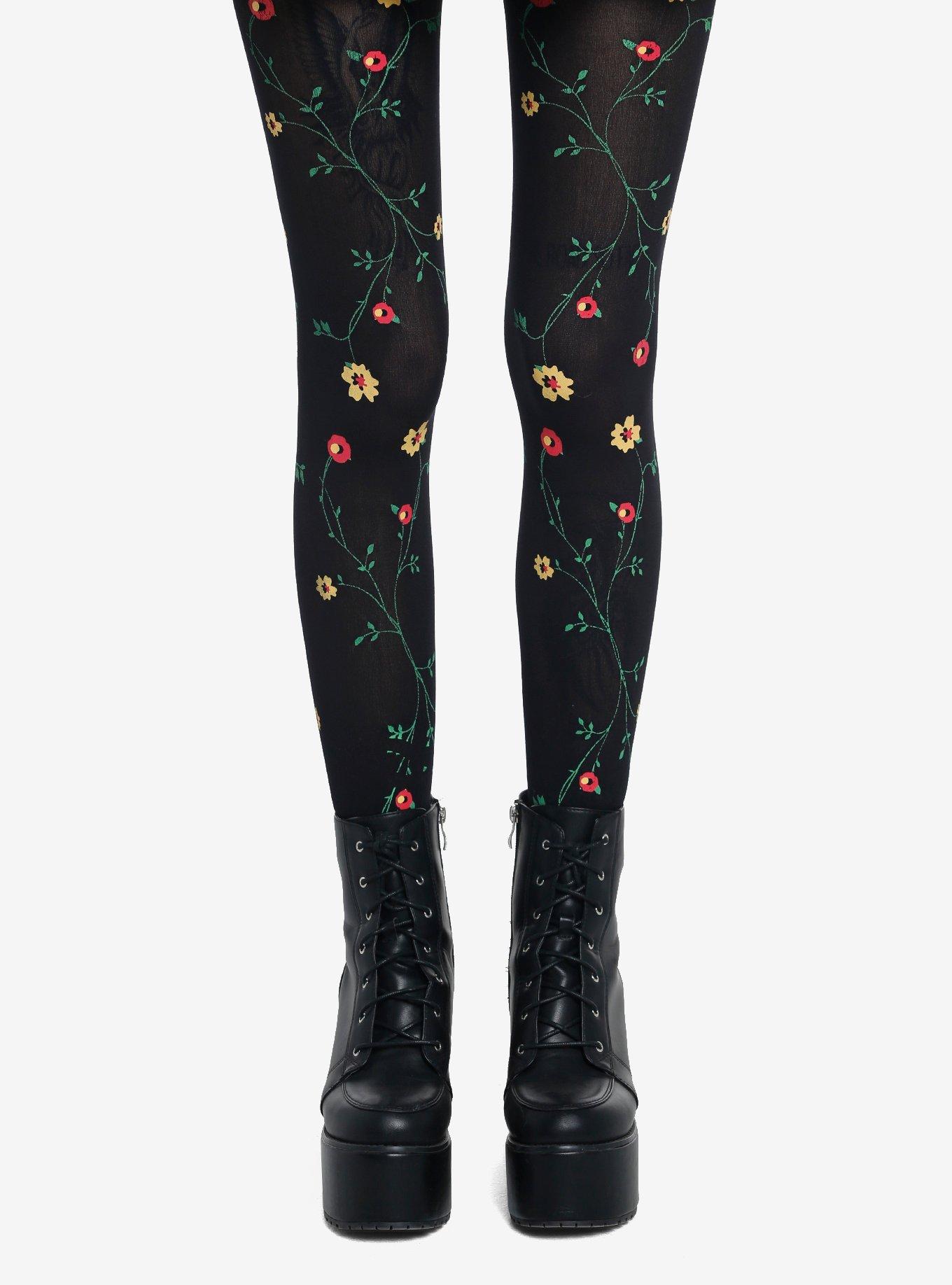 Black Floral Tights, , hi-res