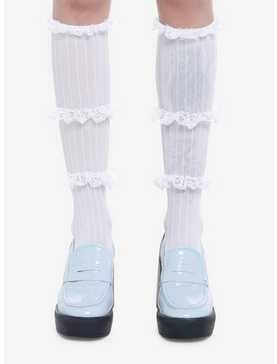 White Ruffle Sheer Knee-High Socks, , hi-res