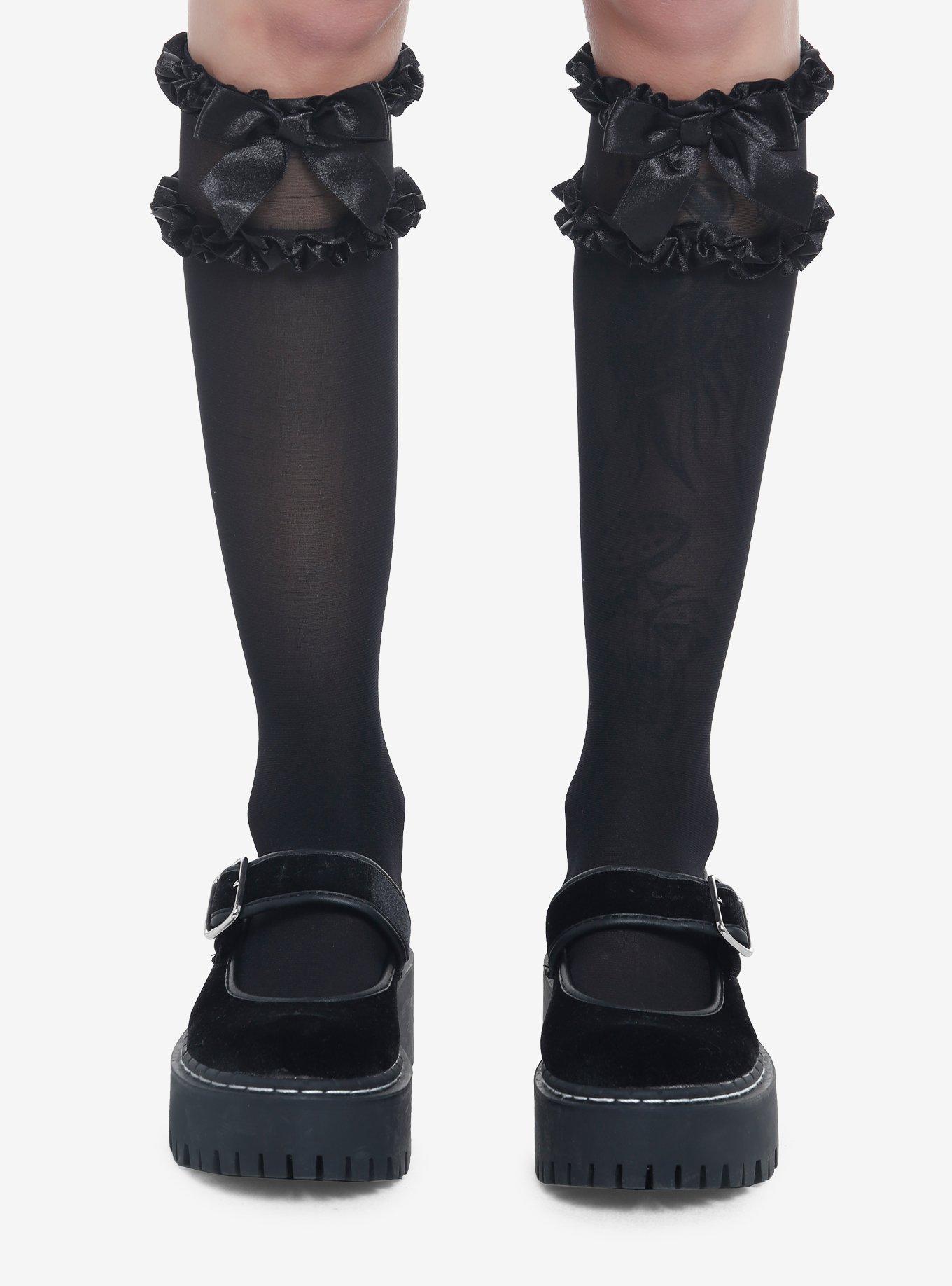 Black Lace Sheer Knee-High Socks, , hi-res
