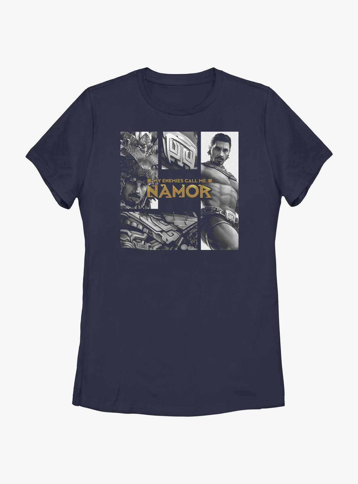 Marvel Black Panther: Wakanda Forever My Enemies Call Me Namor Panels Womens T-Shirt, NAVY, hi-res