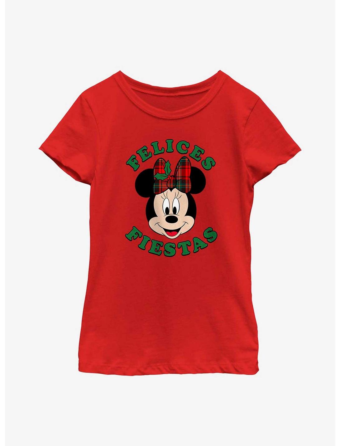 Disney Minnie Mouse Felices Fiestas Happy Holidays in Spanish Youth Girls T-Shirt, RED, hi-res