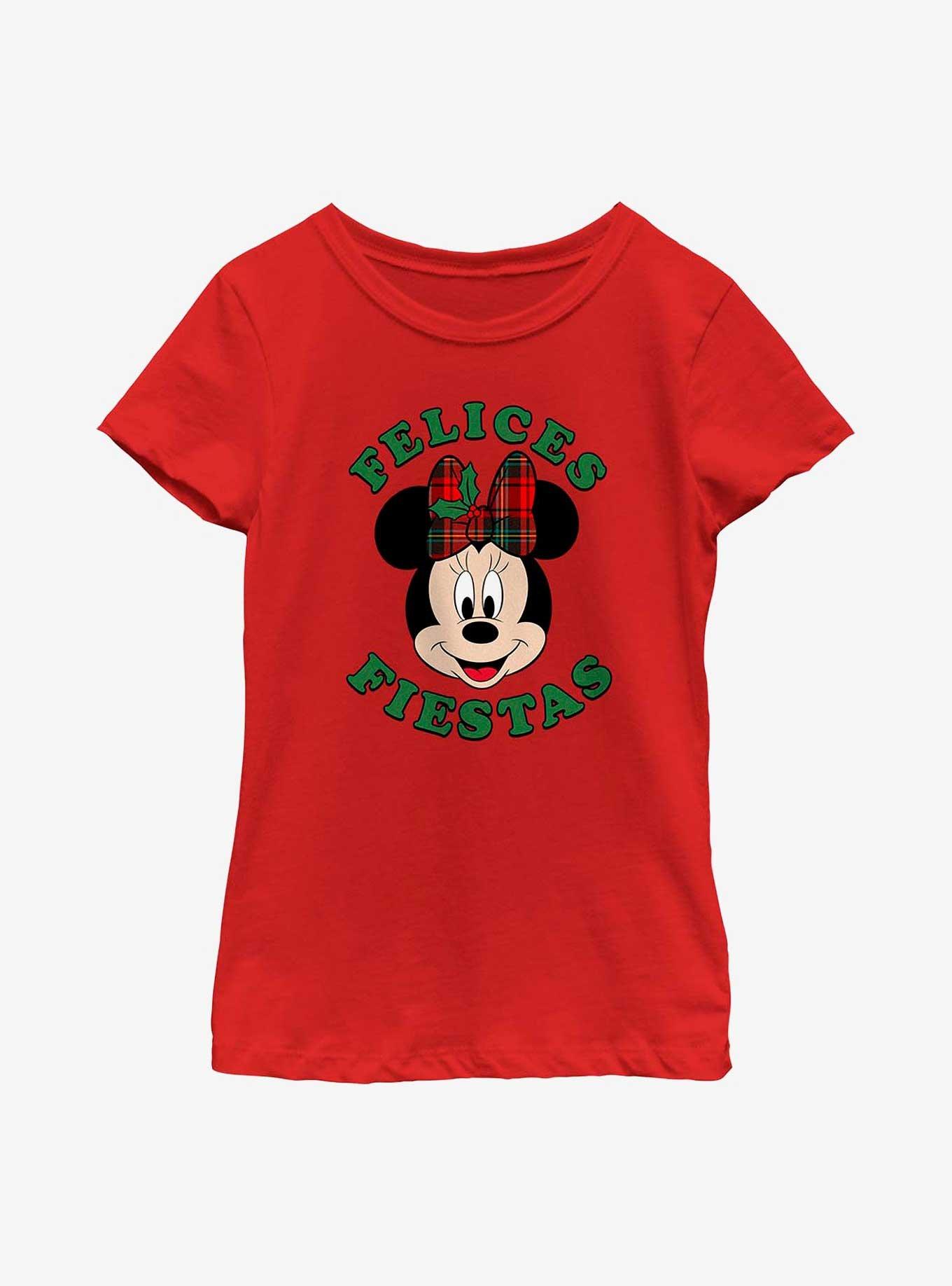 Disney Minnie Mouse Felices Fiestas Happy Holidays in Spanish Youth Girls T-Shirt, RED, hi-res