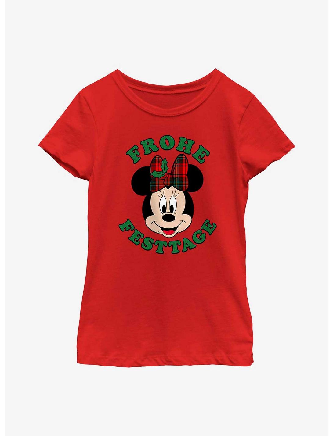 Disney Minnie Mouse Frohe Festtage Happy Holidays in German Youth Girls T-Shirt, RED, hi-res