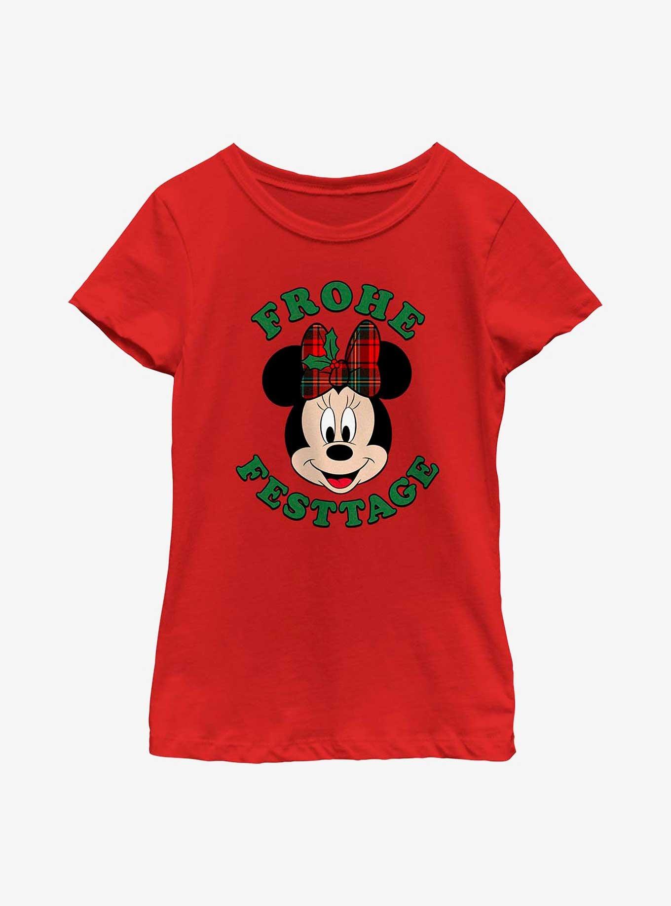 Disney Minnie Mouse Frohe Festtage Happy Holidays in German Youth Girls T-Shirt, RED, hi-res