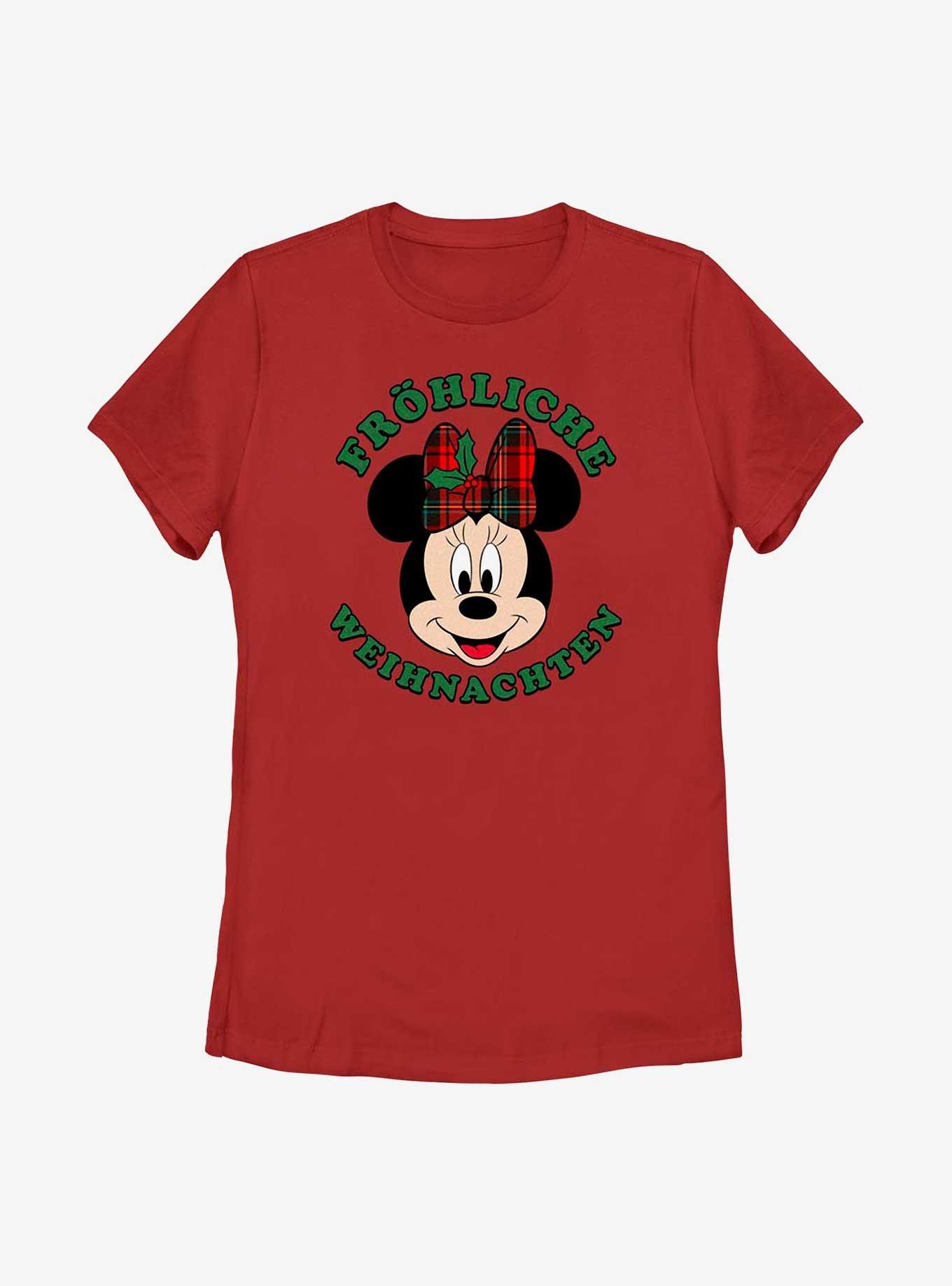 Disney Minnie Mouse Frohliche Weihnachten Merry Christmas in German Womens T-Shirt, RED, hi-res