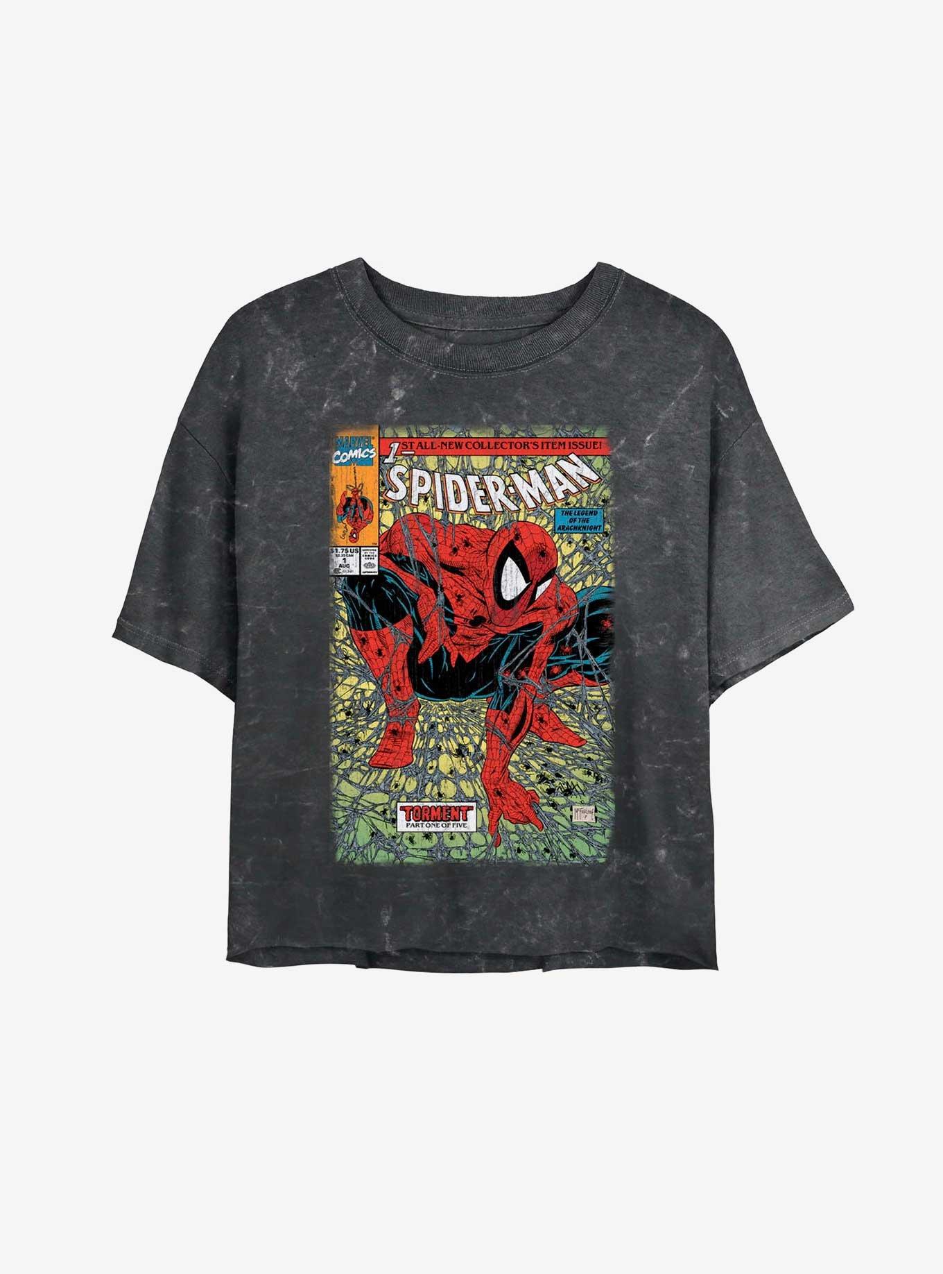 Marvel Spider-Man Legend of Arachknight Mineral Wash Womens Crop T-Shirt, BLACK, hi-res