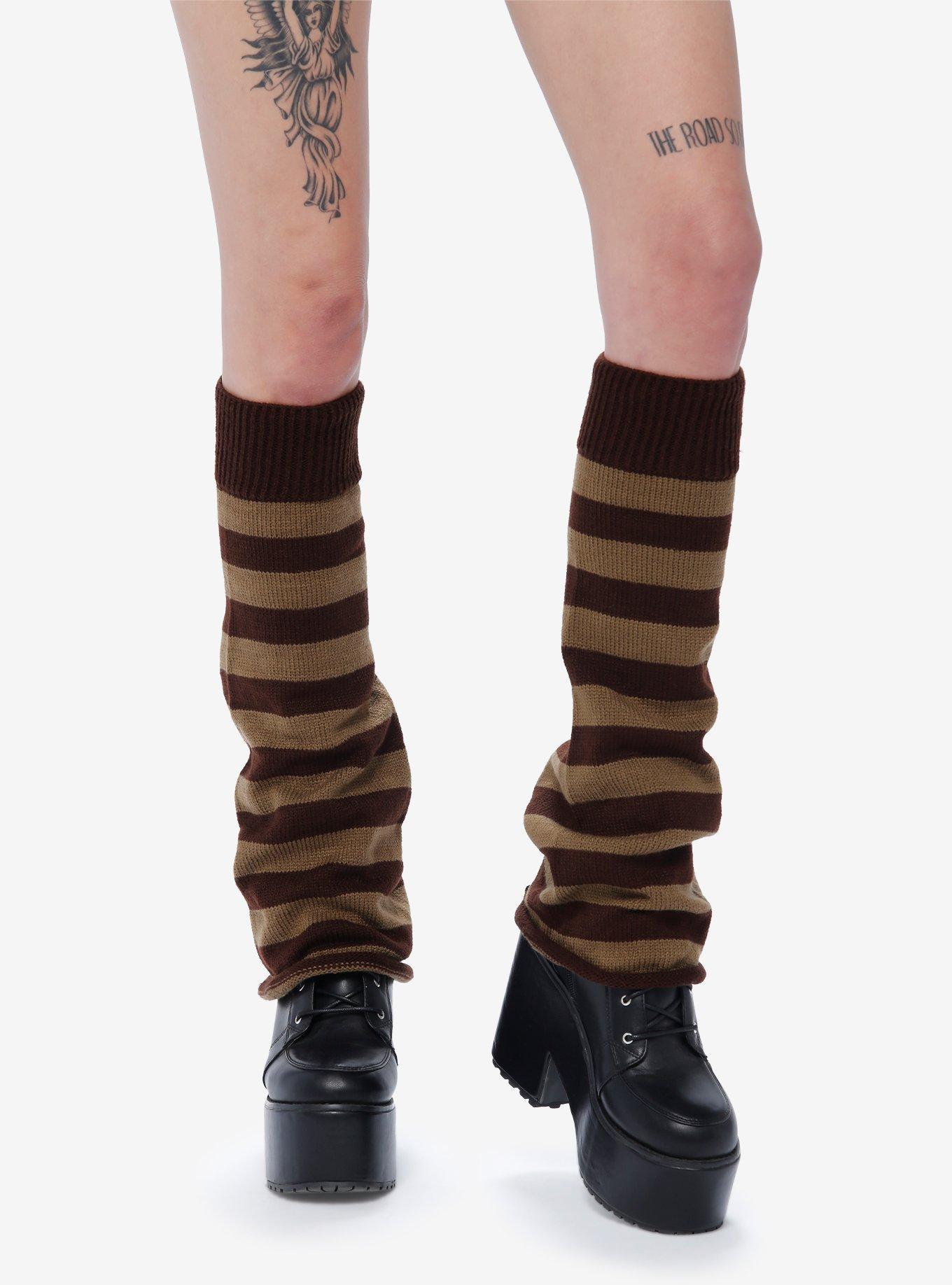 Brown Stripe Knit Legwarmers, , hi-res