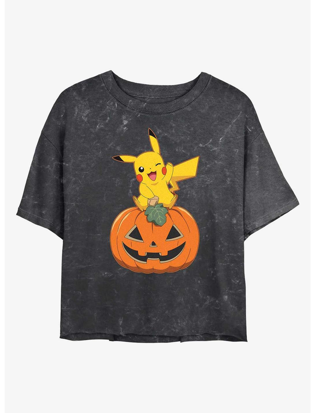 Pokemon Pikachu Pumpkin Mineral Wash Womens Crop T-Shirt, BLACK, hi-res
