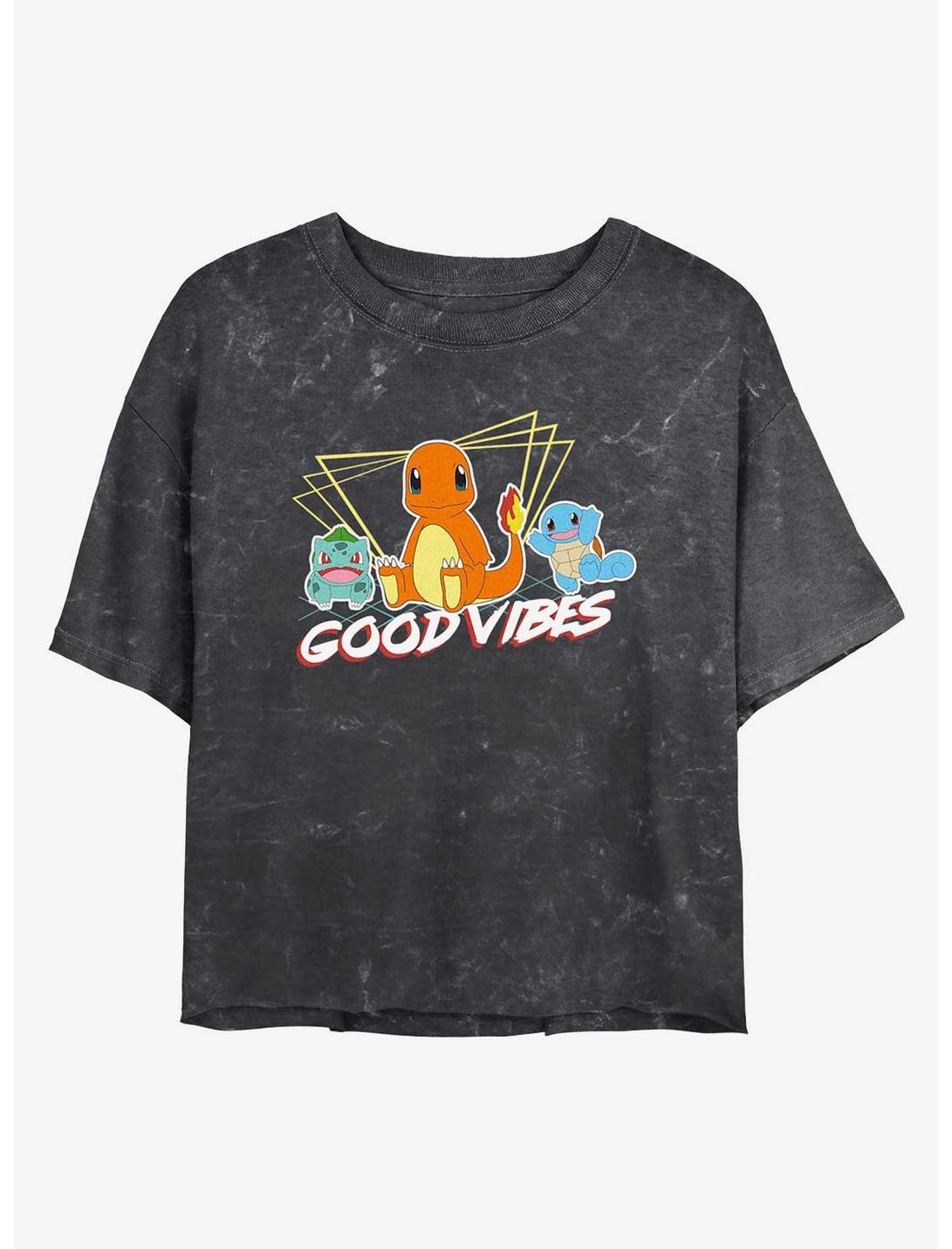 Pokemon Good Vibes Starters Mineral Wash Womens Crop T-Shirt, BLACK, hi-res