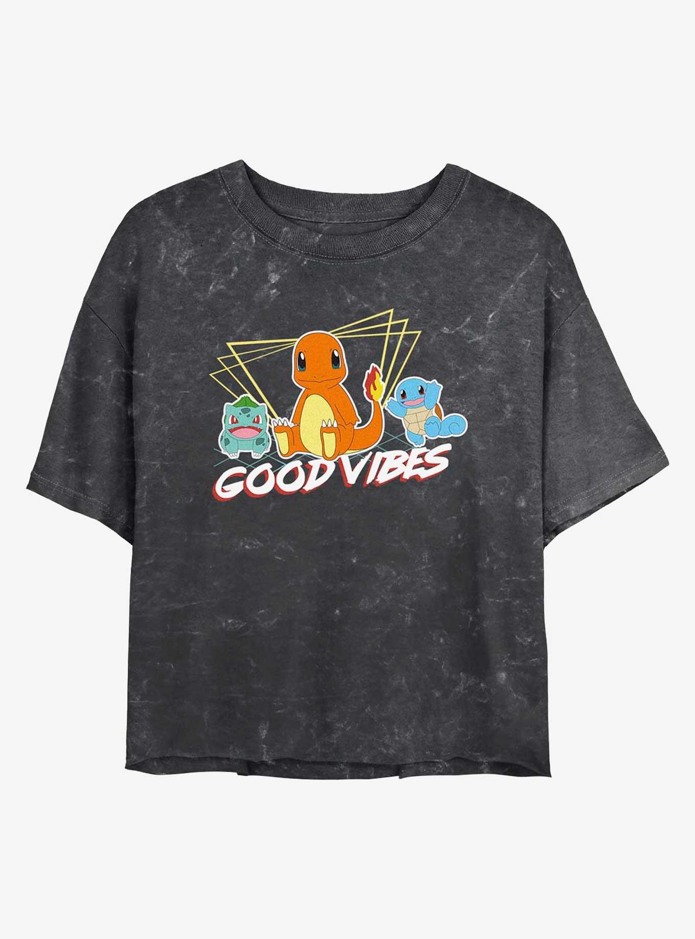 Pokemon Good Vibes Starters Mineral Wash Womens Crop T-Shirt, BLACK, hi-res