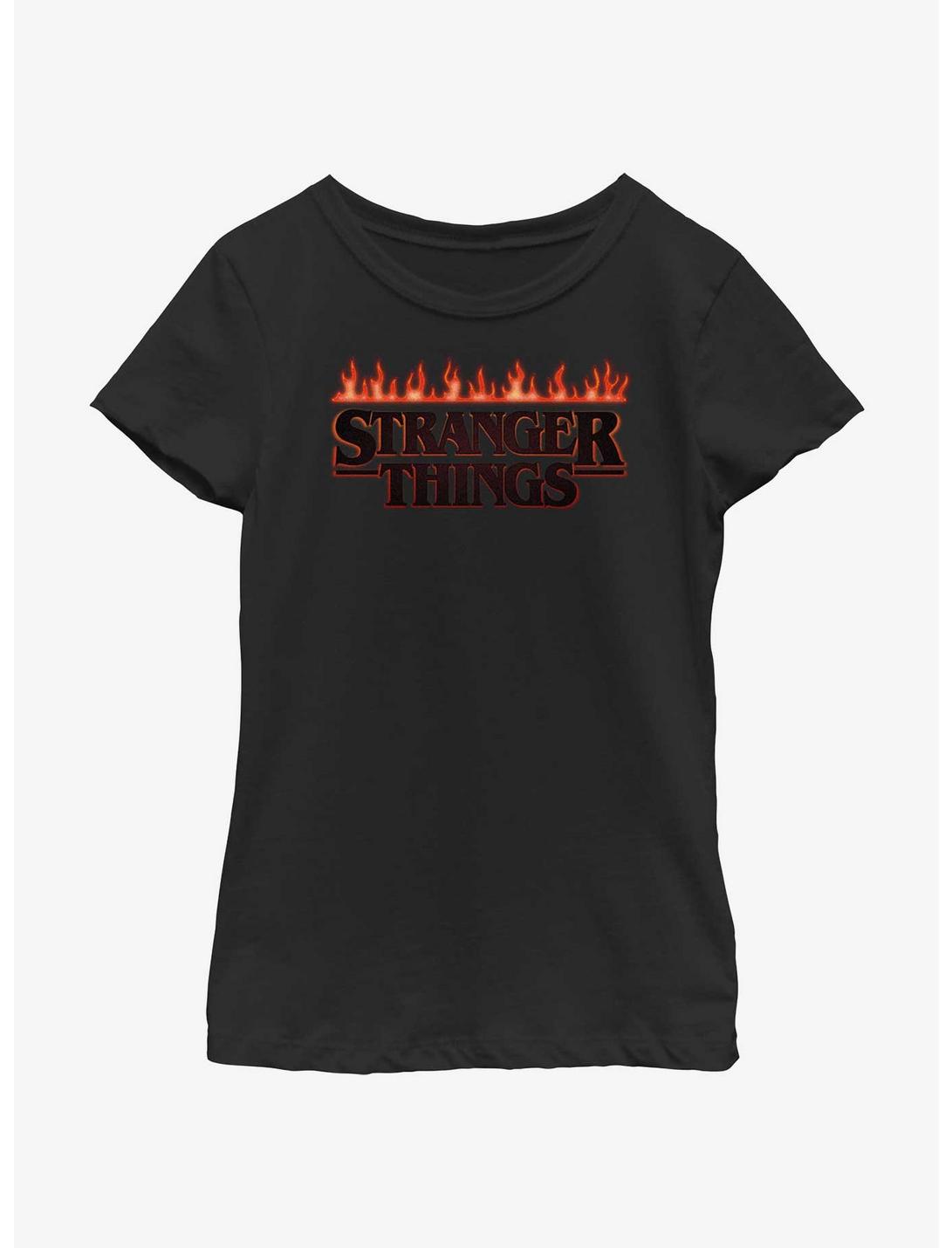 Stranger Things Logo On Fire Youth Girls T-Shirt, BLACK, hi-res