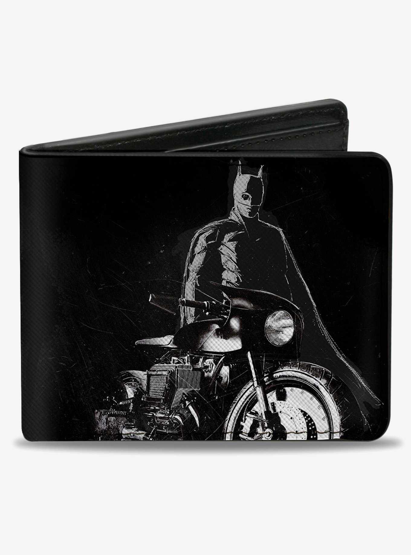 DC Comics The Batman And Batcycle Pose Black White Bifold Wallet, , hi-res