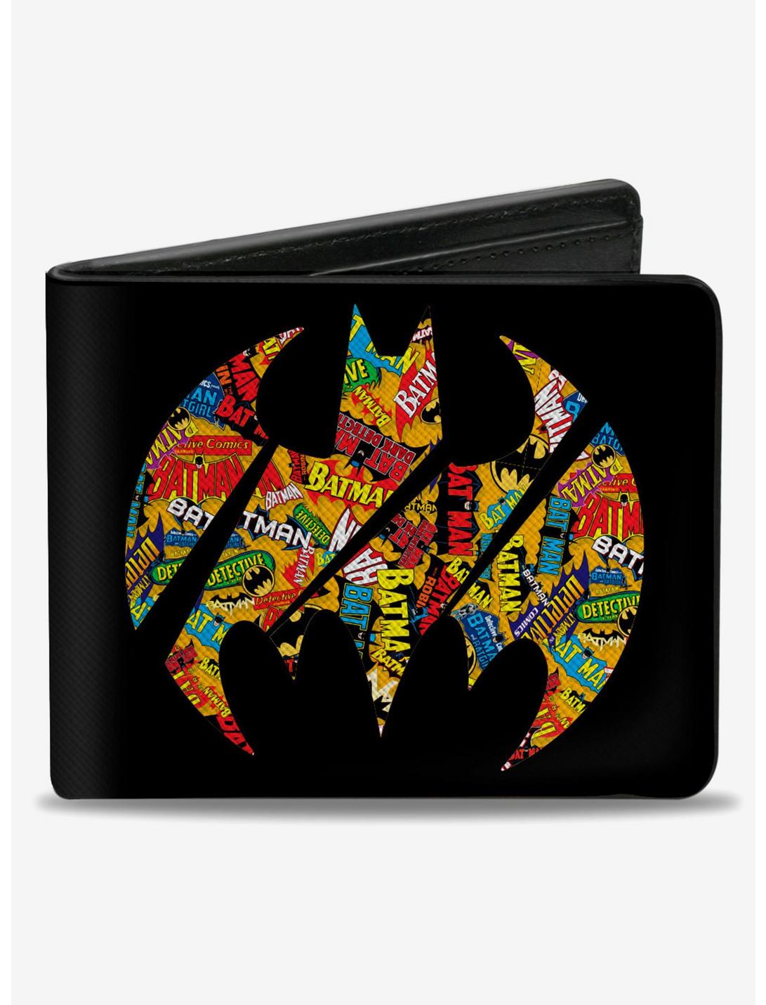 DC Comics Bat Signal Black Multi Color Logos Stacked Bifold Wallet, , hi-res