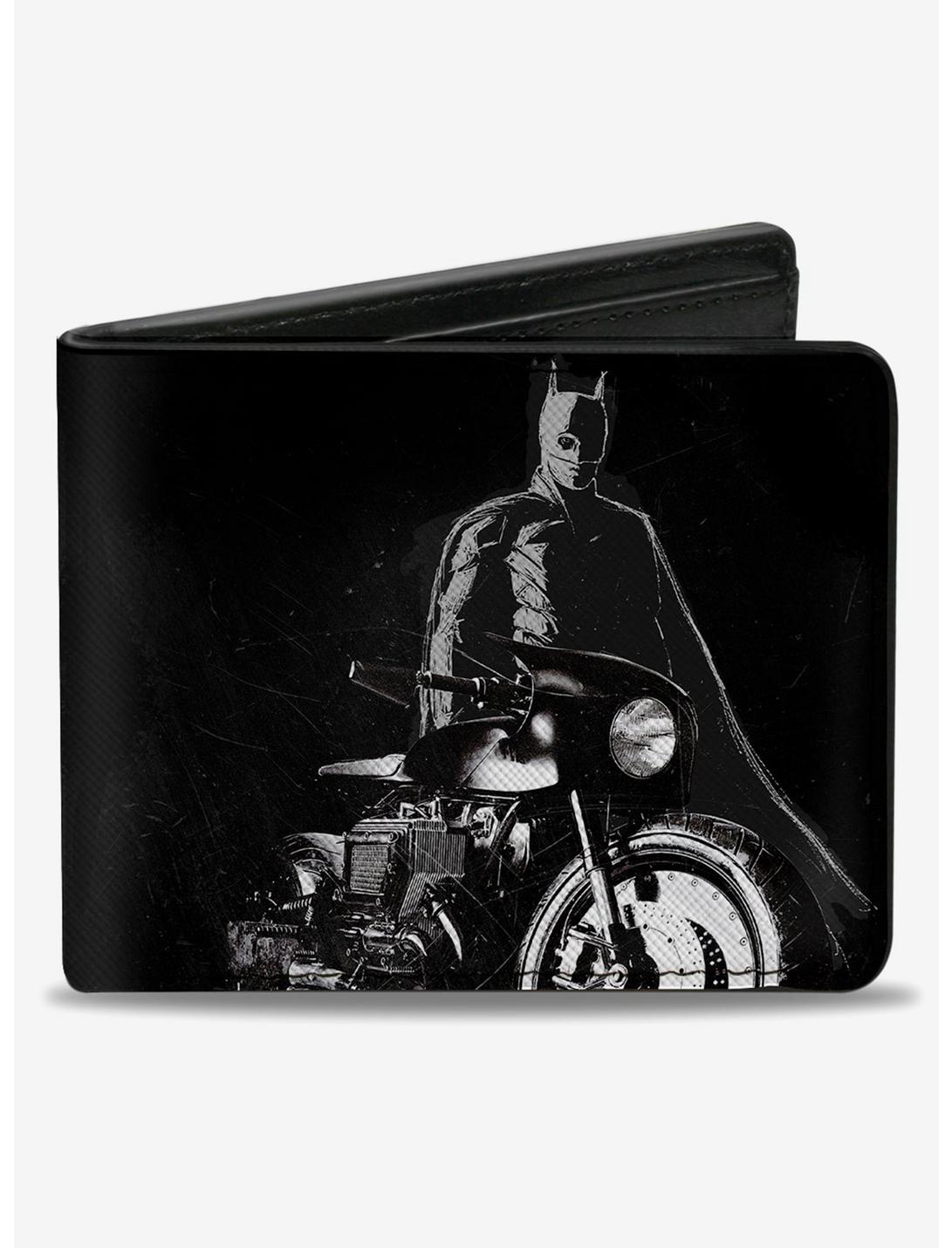DC Comics The Batman And Batcycle Pose Black White Bifold Wallet, , hi-res