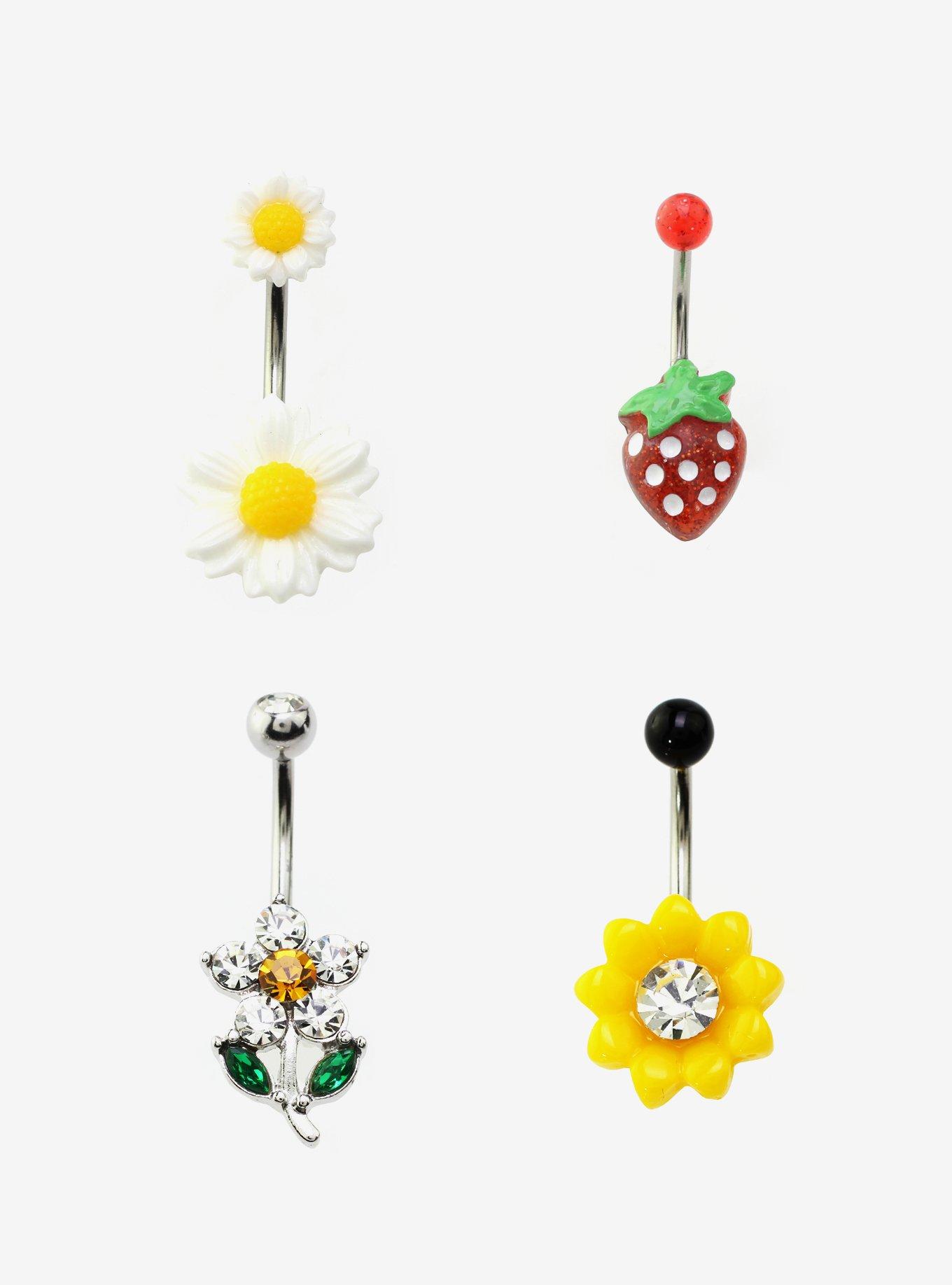 14G Steel Strawberry Flower Navel Barbell 4 Pack, , hi-res