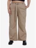 Khaki Belted Cargo Pants Plus Size, KHAKI, hi-res