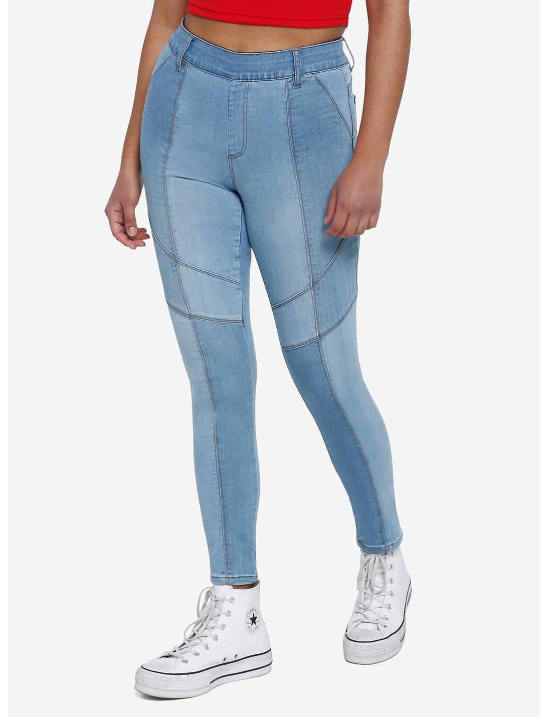 Blue Denim Patchwork Skinny Jeans Plus Size, GREY, hi-res