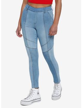 Blue Denim Patchwork Skinny Jeans Plus Size, , hi-res