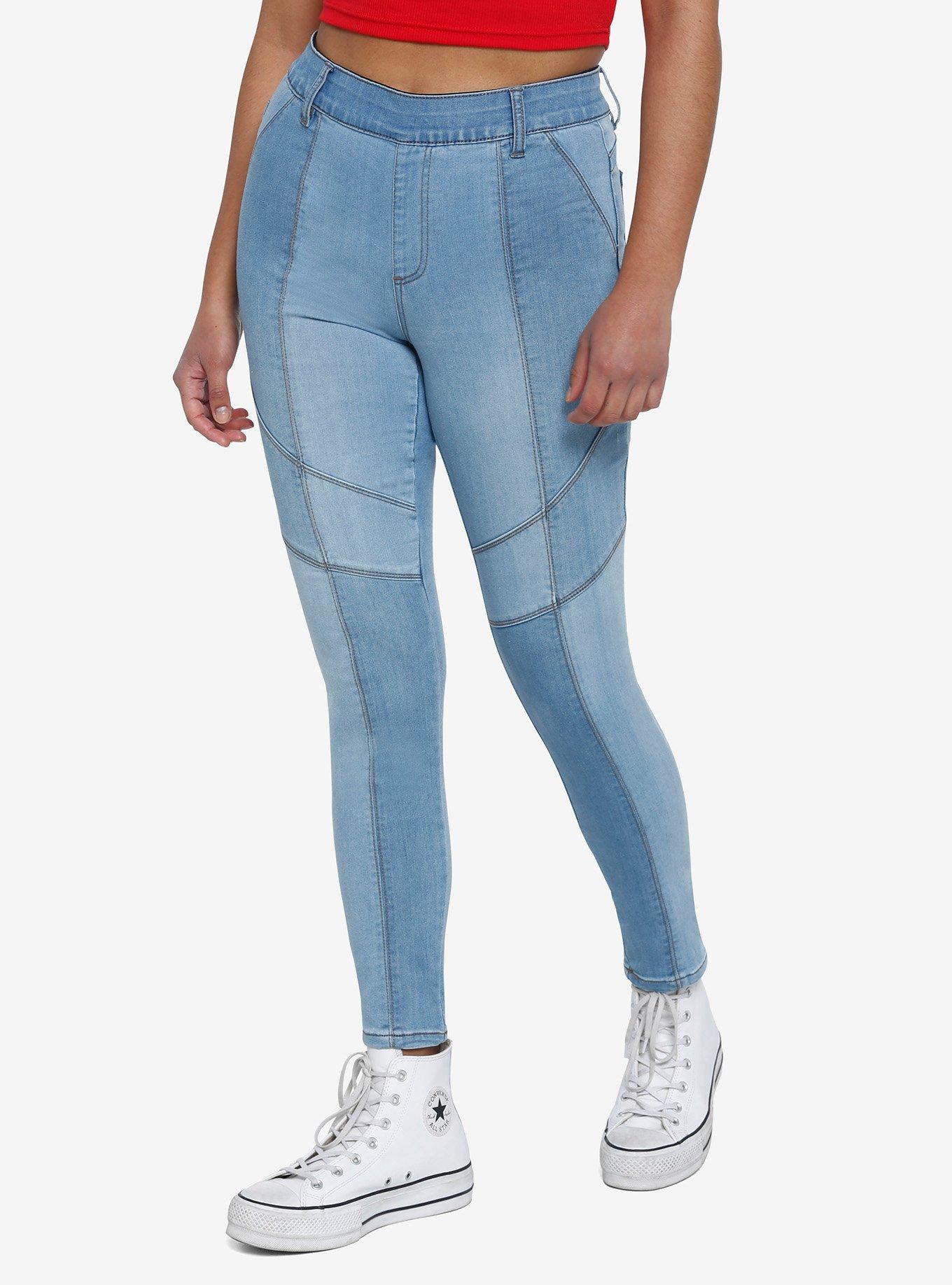 Blue Denim Patchwork Skinny Jeans Plus Size, GREY, hi-res