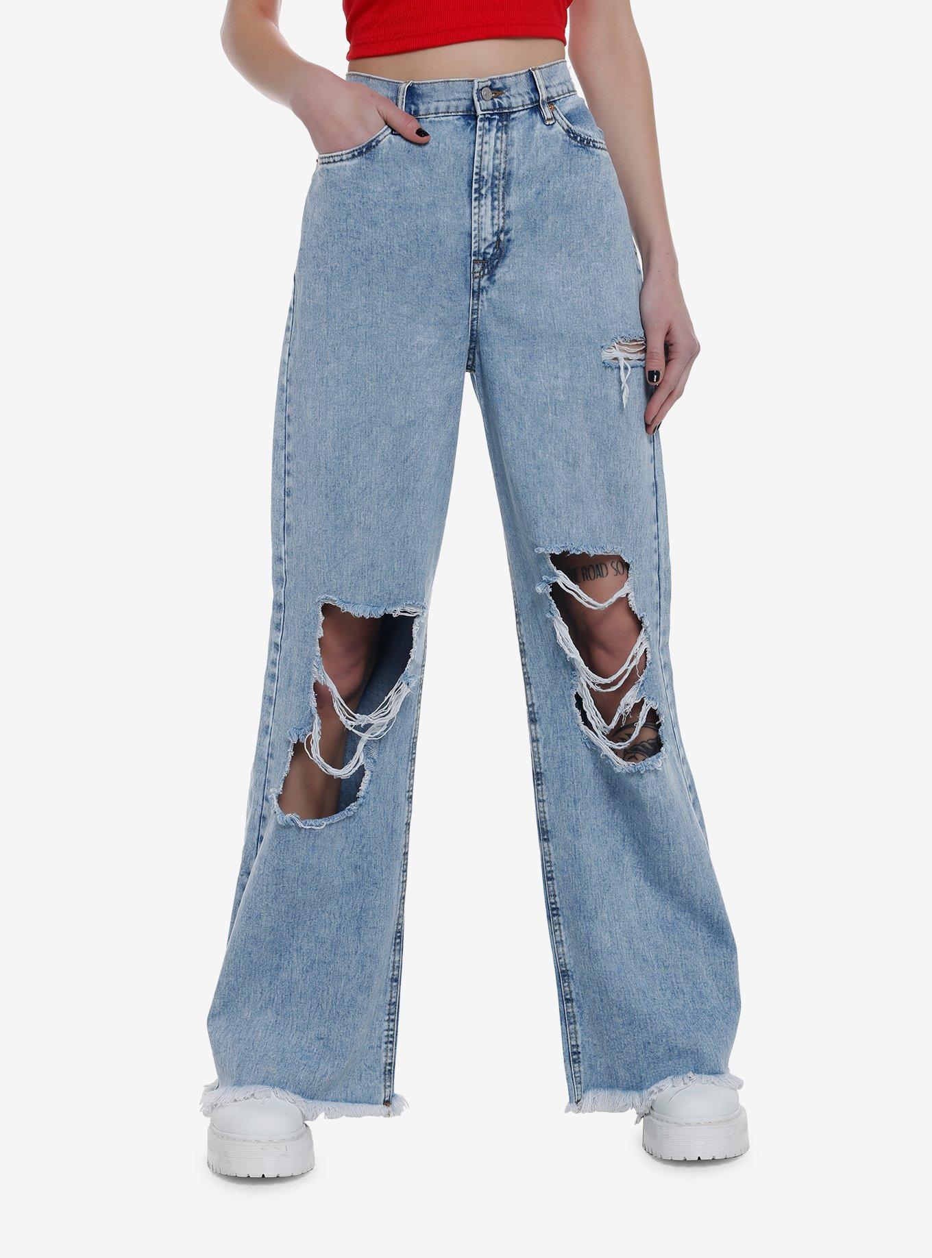 Ripped Knees Wide Leg Jeans, INDIGO, hi-res