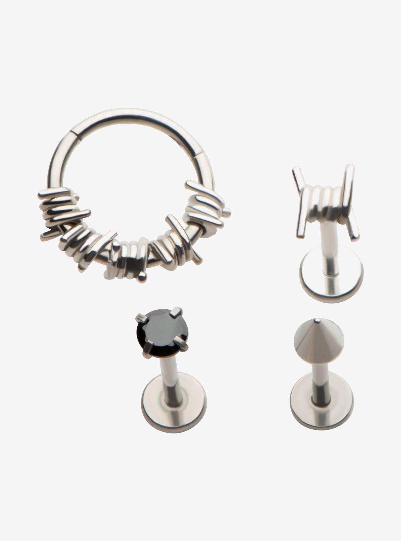 Steel Silver Barbed Wire Nose Stud & Clicker 4 Pack, , hi-res