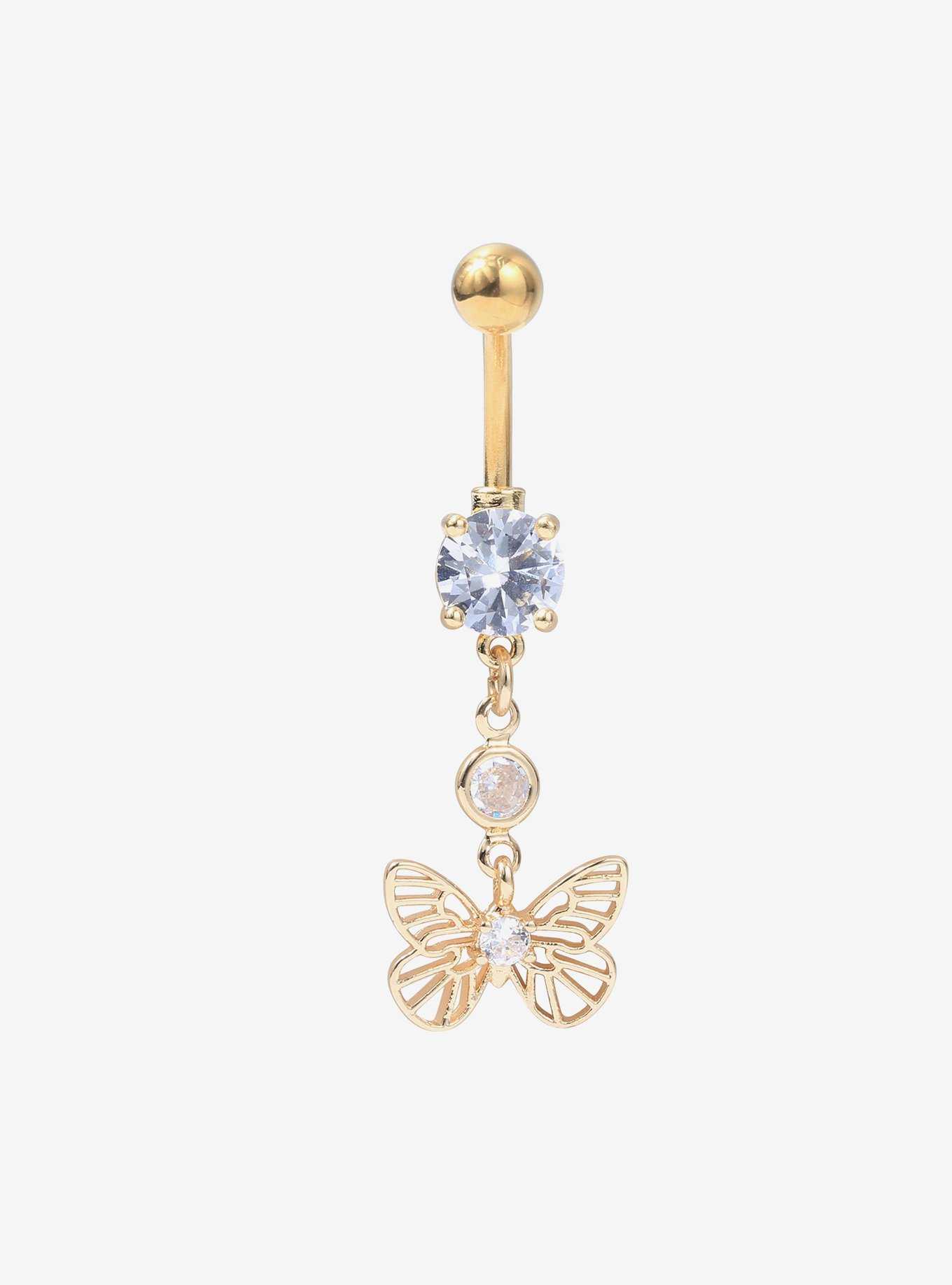 14G Steel Butterfly Gem Navel Barbell, , hi-res