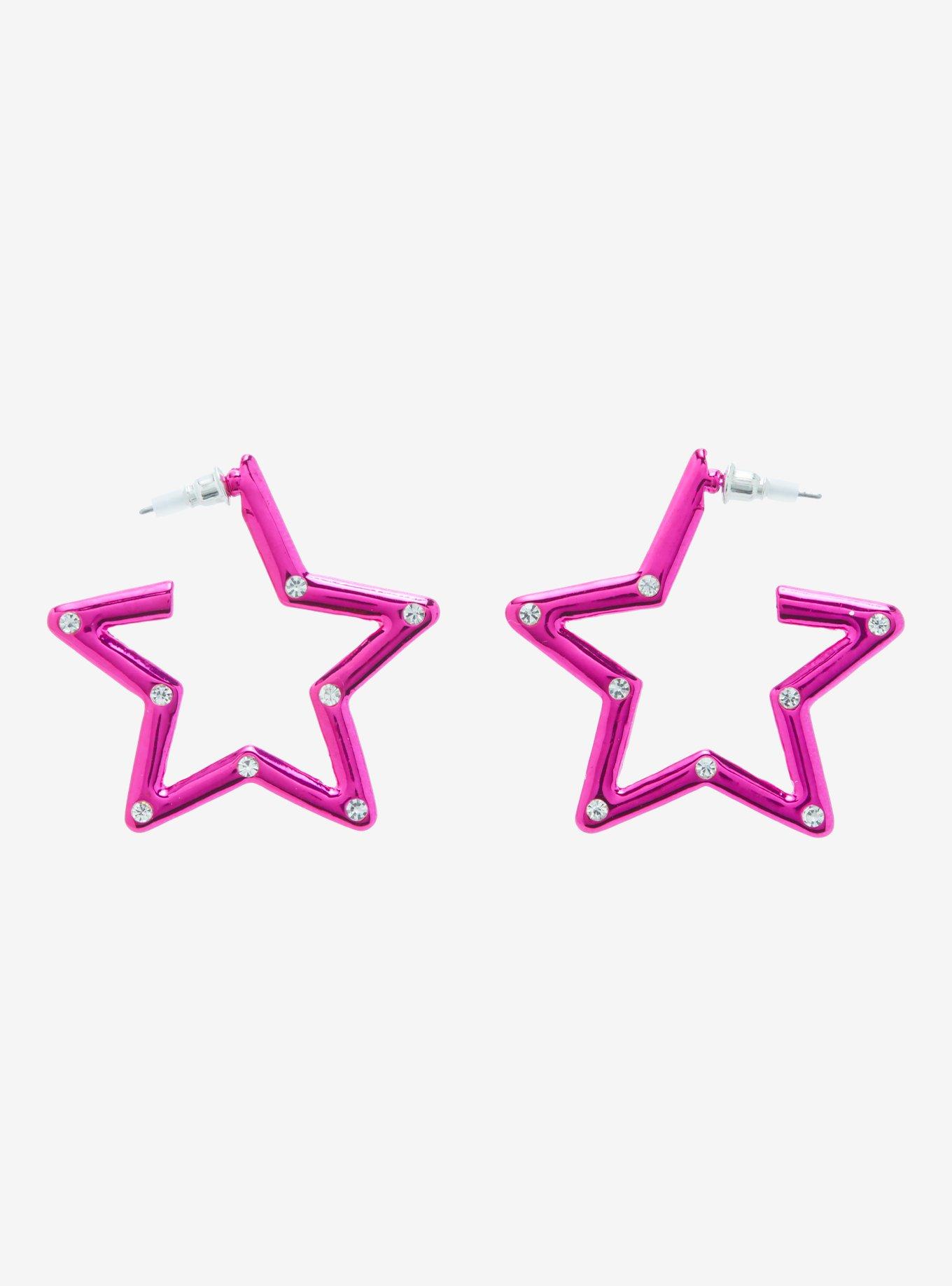Social Collision Magenta Bling Star Hoop Earrings, , hi-res